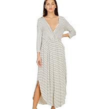 ANNABELLE Women's Stripe Print Maxi Dress Featuring V-Neck Wrap 3/4 Sleeve Empire Pleated with Slit and Pockets Ivory-Black Large D5389