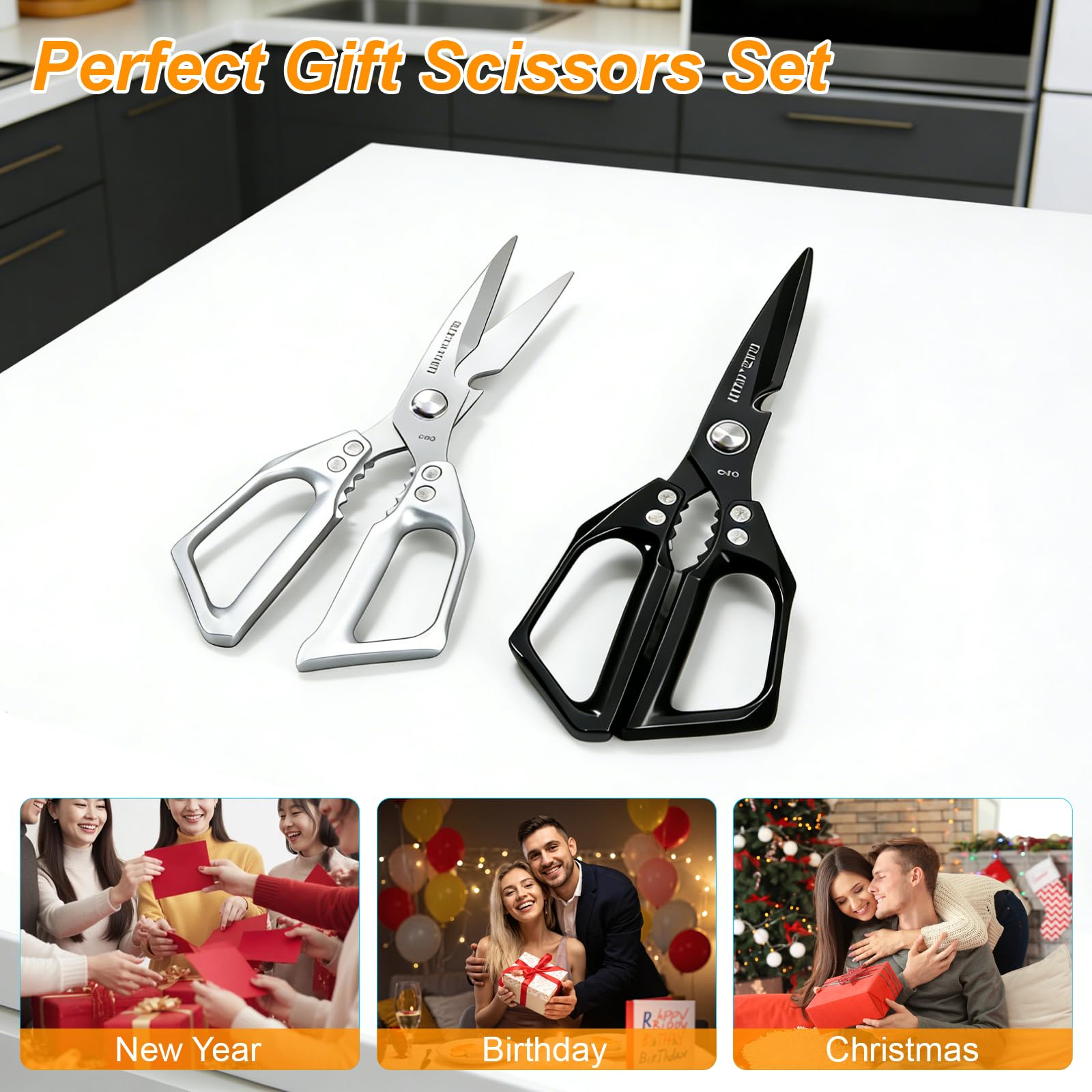 2 Pezzi Forbici da Cucina Professionali, Trinciapollo Acciaio Inossidabile, Forbice per Pizza, Multifunzione con Apribottiglie, Resistente e Lavabile in Lavastoviglie, per Pollame, Pesce, Noci, Regalo
