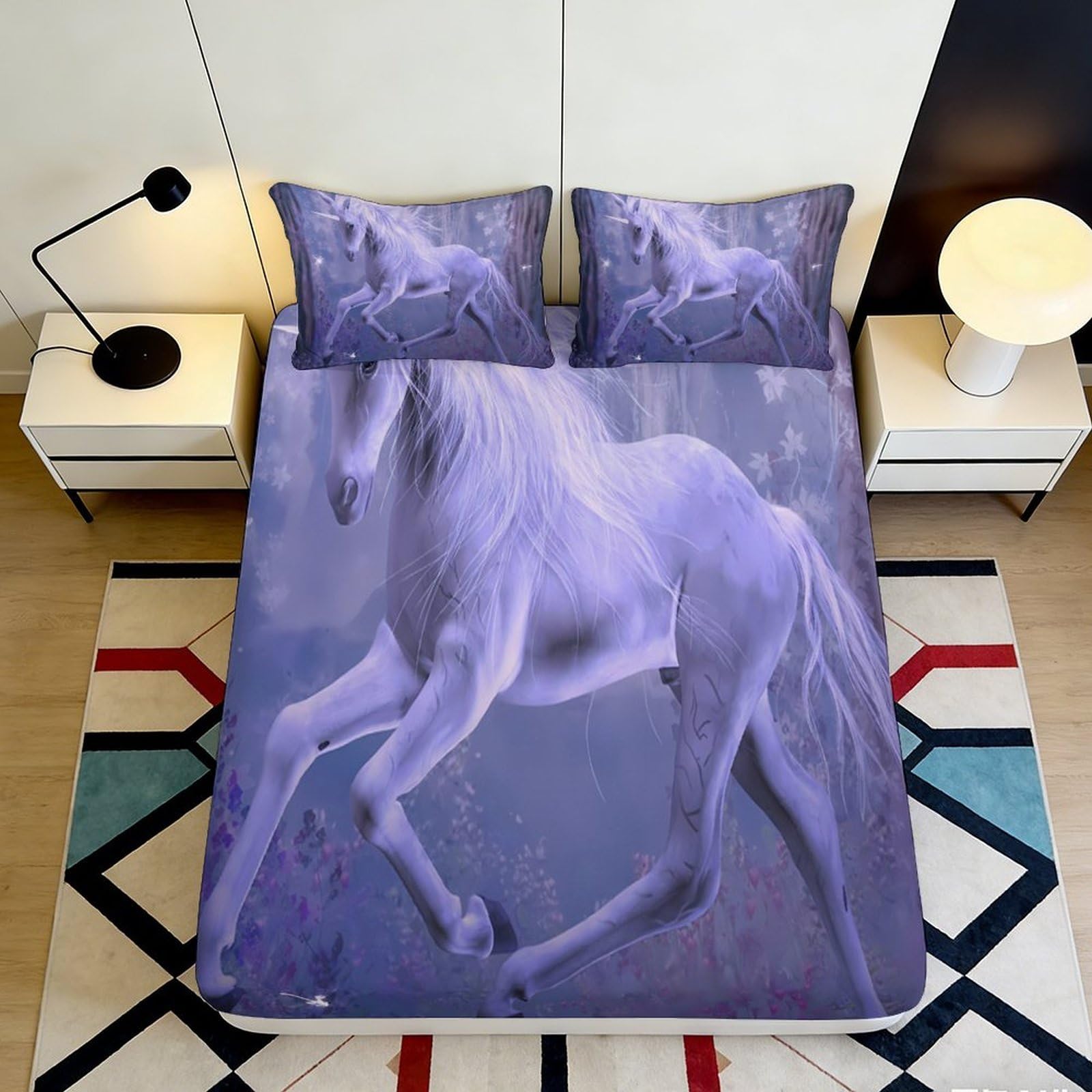 3D Printed Mystical Unicorn Fitted Sheet Microfiber Purple Fantasy Horse Mattress Cover for Bedroom Guest Room Decor 140x200x25cm