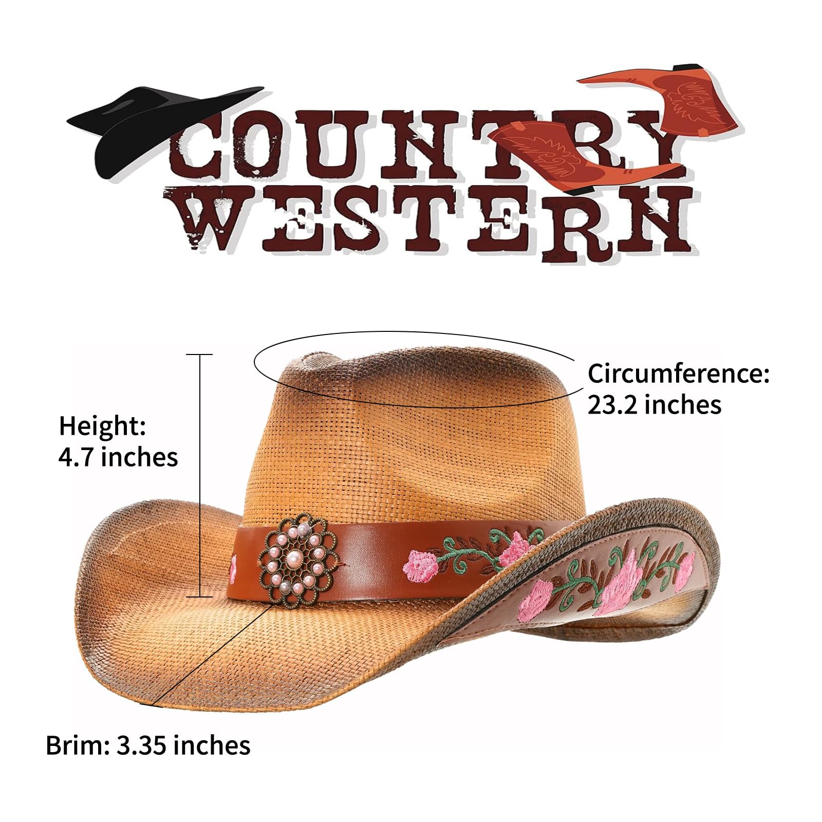 Cowboy Hats for Women, Brown Cowgirl Hats Classic Straw Western Hats for Women Music Festival Party Beach.