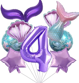 10Pcs Mermaid 4th Birthday Decorations Mylar Balloon for Mermaid Birthday Ocean Party Decorations Supplies for Baby Shower