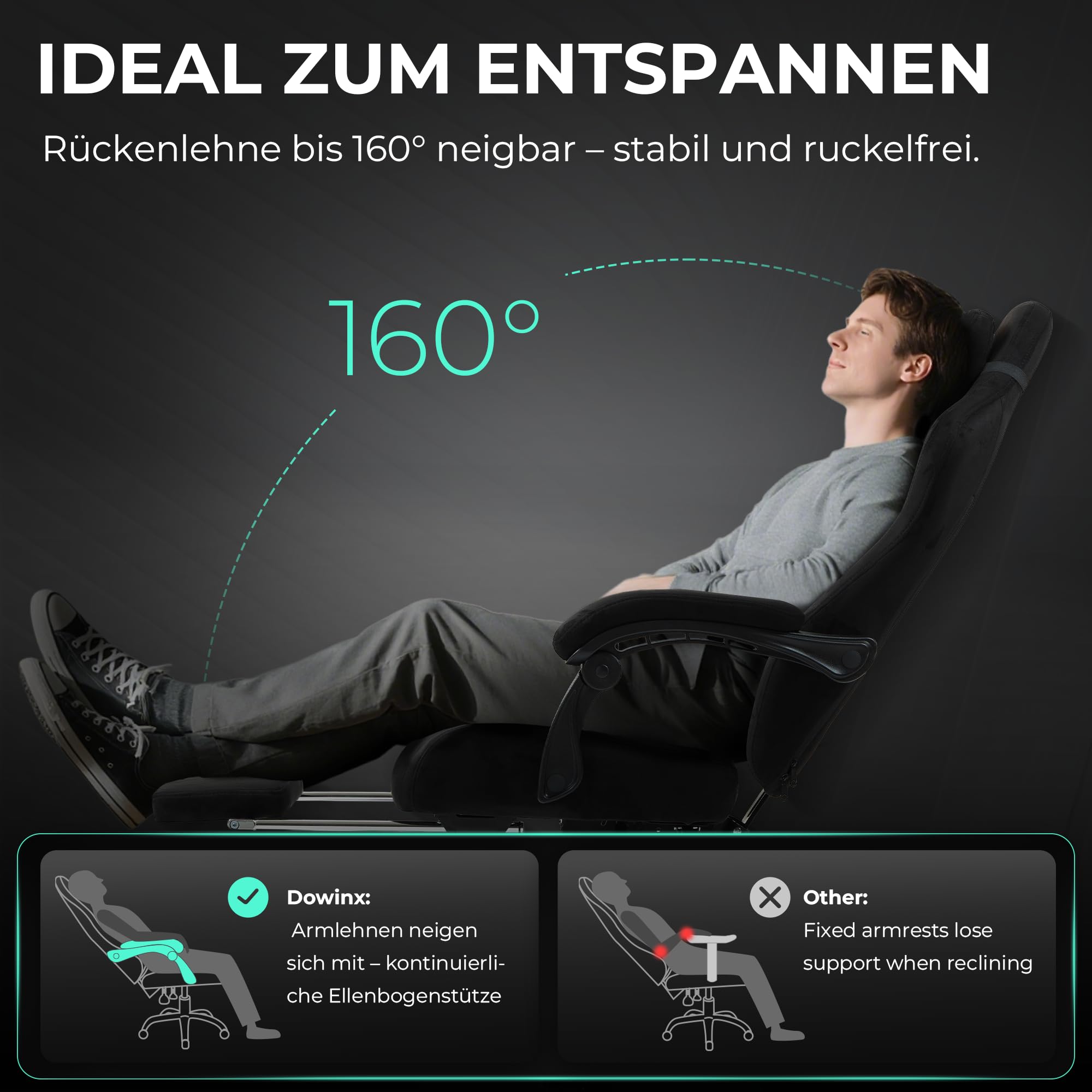 Dowinx Gaming Stuhl Ergonomisch mit Lendenkissen, Höhenverstellbare Kopfstütze, Verdicktes Sitzpolster, Ausziehbare Fußstütze, Verstellbare Armlehnen, Mikrofaser-Velours, 160° Neigbar, Schwarz