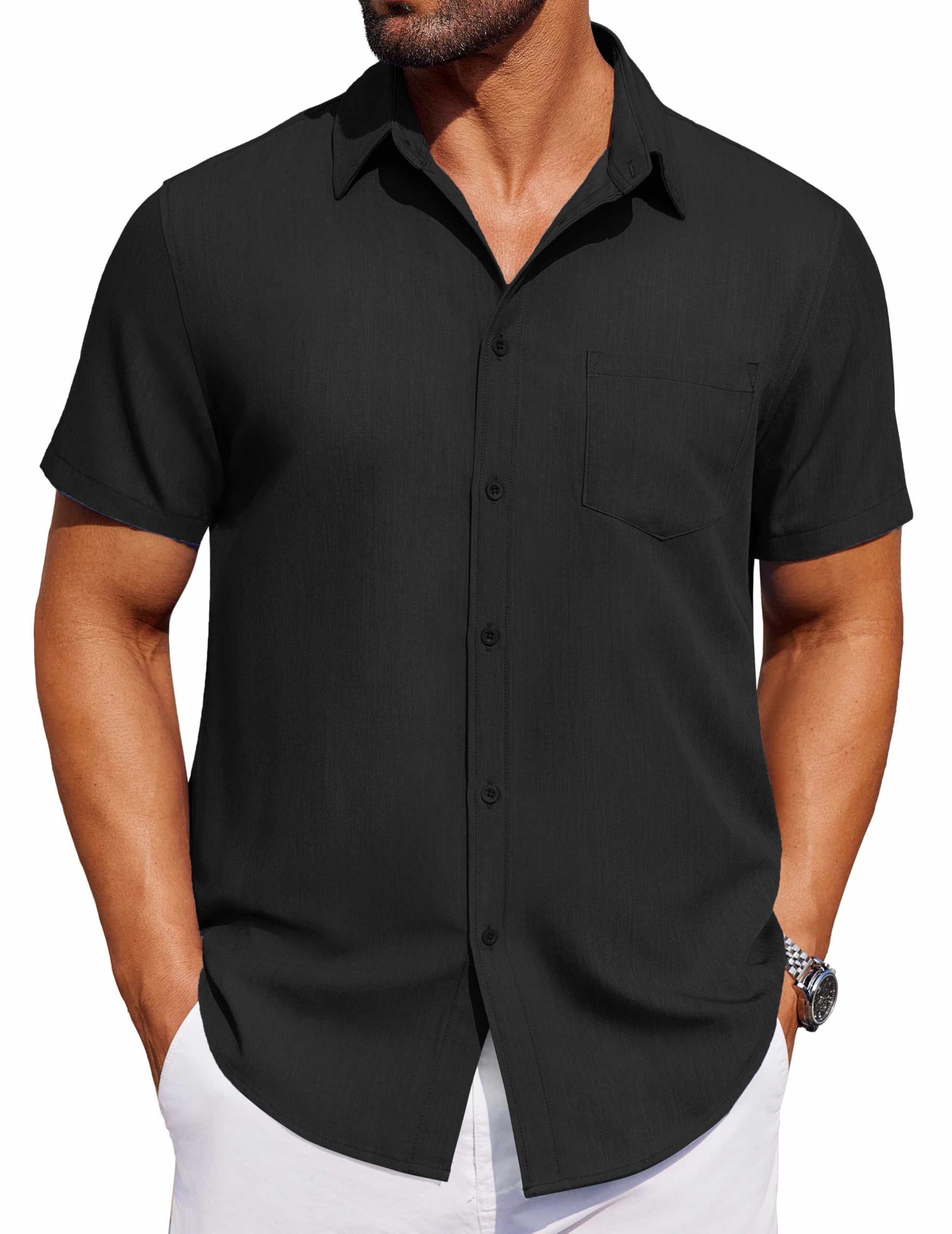 COOFANDY Mens Short Sleeve Button Down Shirt Casual Untucked Dress Shirt Stretch Denim Shirt