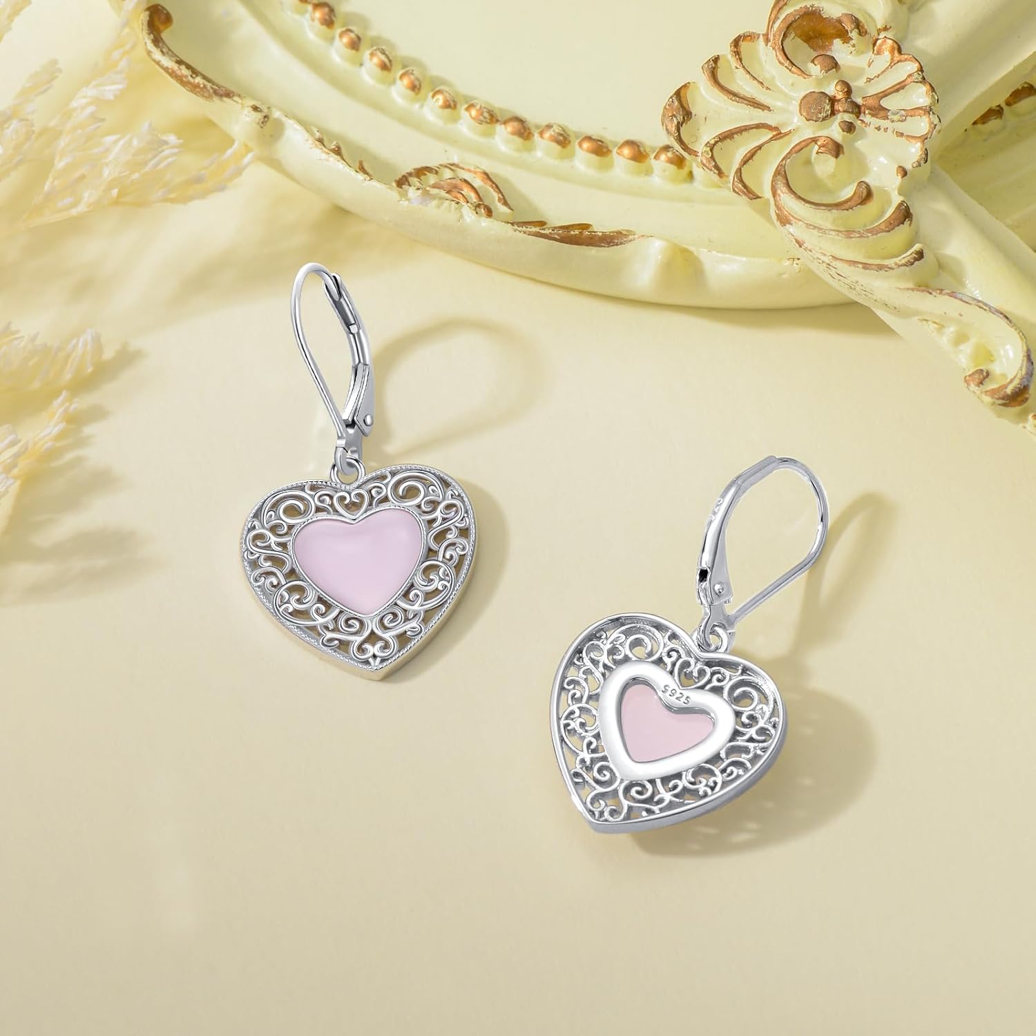 Heart Filigree Earrings 925 Sterling Silver Filigree Rose Quartz Peridot Black Onyx Earrings Dangle Filigree Jewelry Gifts for Women - Image 5