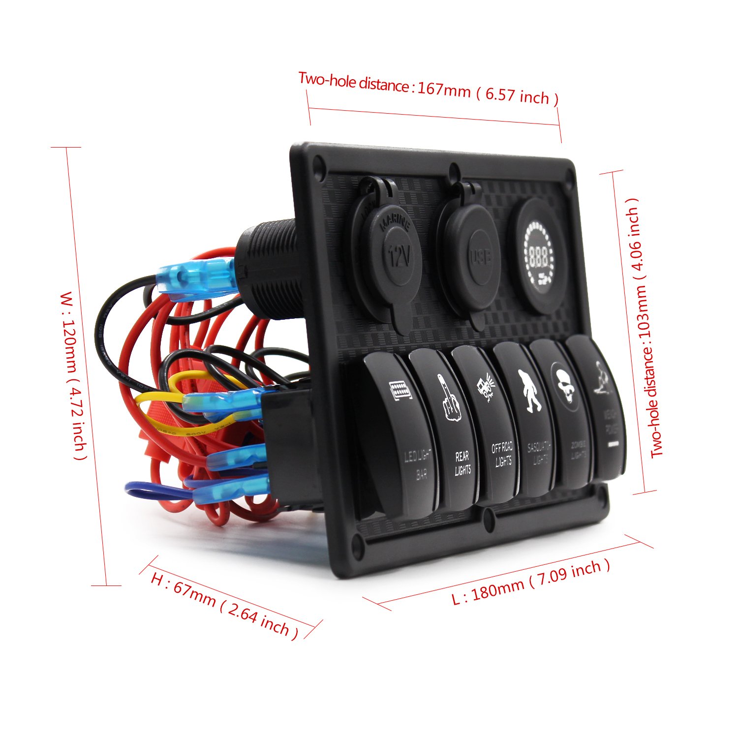FXC Waterproof Marine Boat Rocker Switch Panel 6 Gang with 4.2A Dual USB Slot Socket + Cigarette Lighter + Voltage Monitor Alarm LED Light for Car Rv Vehicles Truck