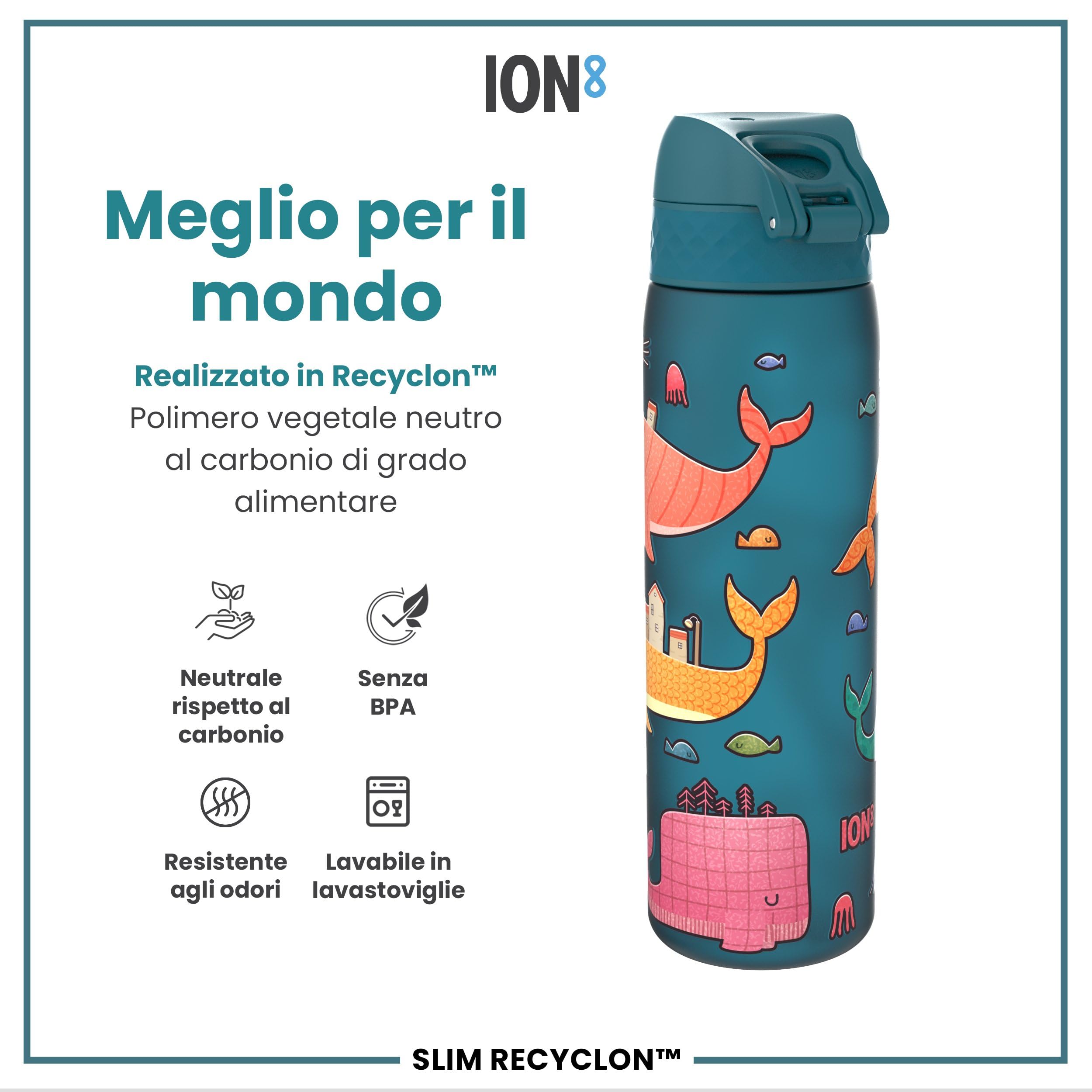 Ion8 Borraccia a Prova di Perdite, 500ml, Facile da Aprire, Serratura Sicura, Lavabile in Lavastoviglie, Senza BPA, Maniglia per il Trasporto, Adatta a Portabicchieri, Facile Pulizia, Balene