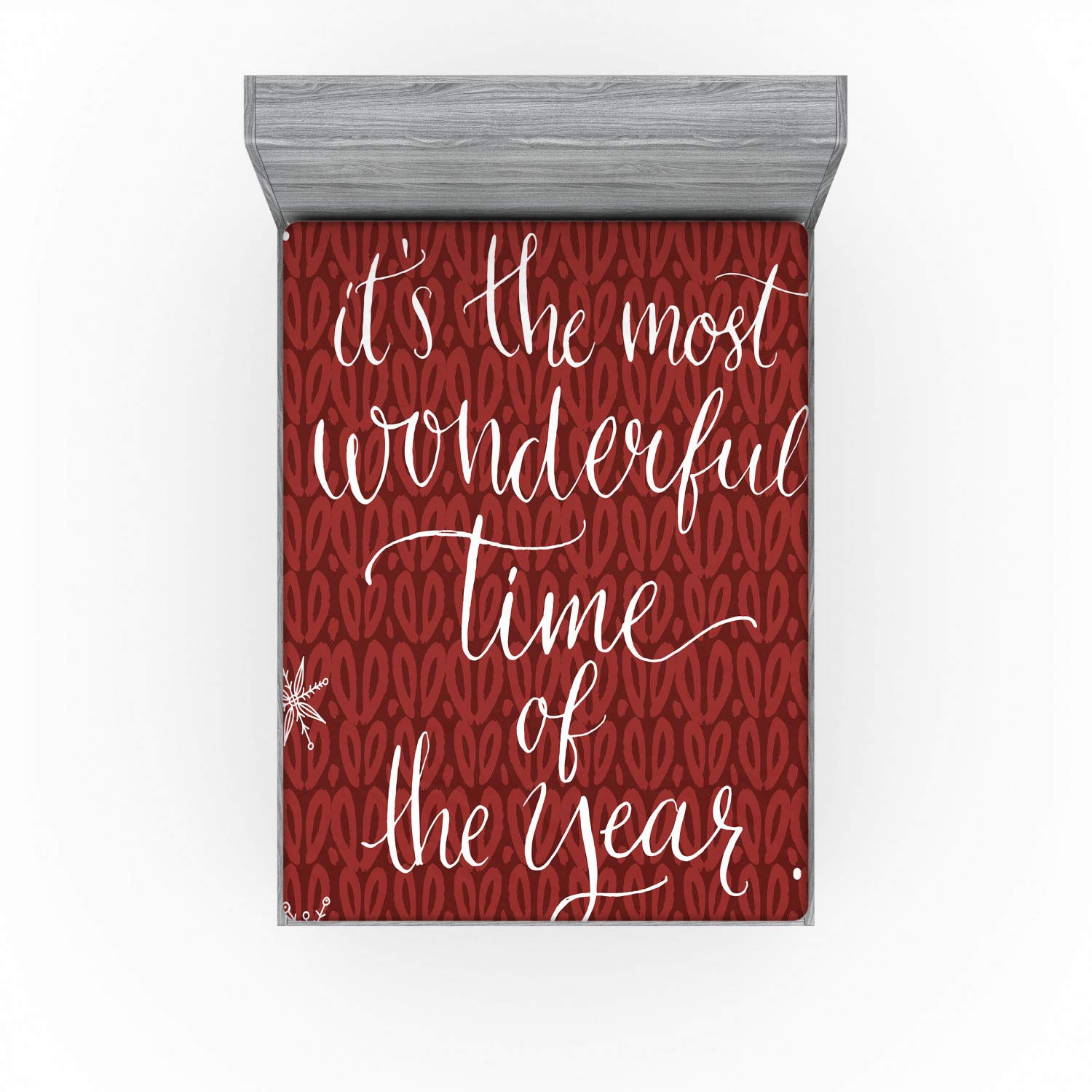 Ambesonne Saying Fitted Sheet, Christmas Concept Its The Most Wonderful Time of The Year Phrase and Snowflakes, Bed Cover with All-Round Elastic Deep Pocket for Comfort, King Size, Ruby