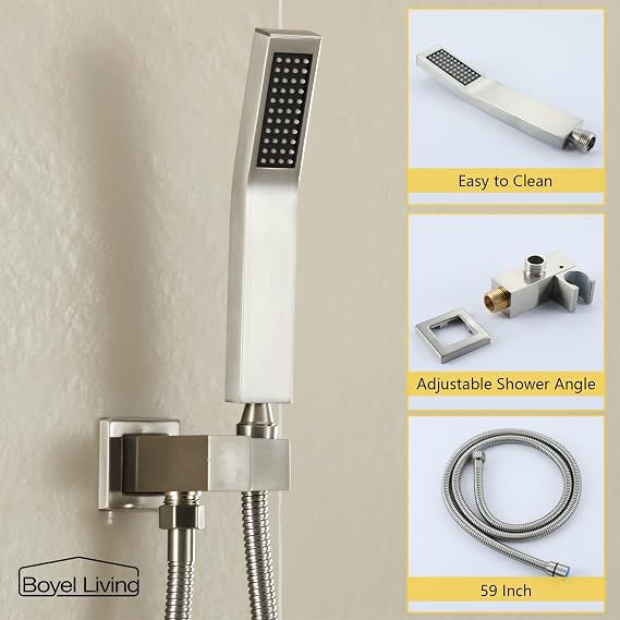 Boyel Living Shower System with Tub Spout 10 inch Shower Faucet Set with Handheld Shower Head Bathroom Ceiling Mounted Rain Shower Combo Set Brushed Nickel