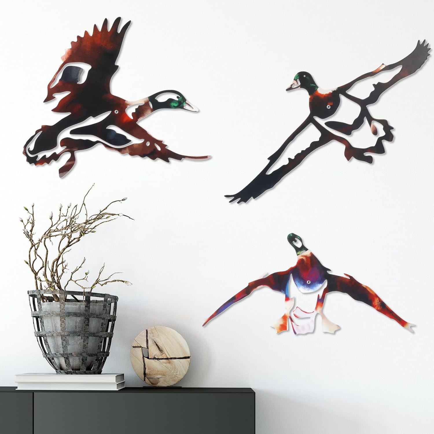 RattanView Mallard Duck Wall Art - 3 Pcs Rustic Metal Wall Decor, Vintage Hanging Duck Art for Home Living Room Bedroom Bathroom Cabin Hunting Party Decorations Gifts Sign