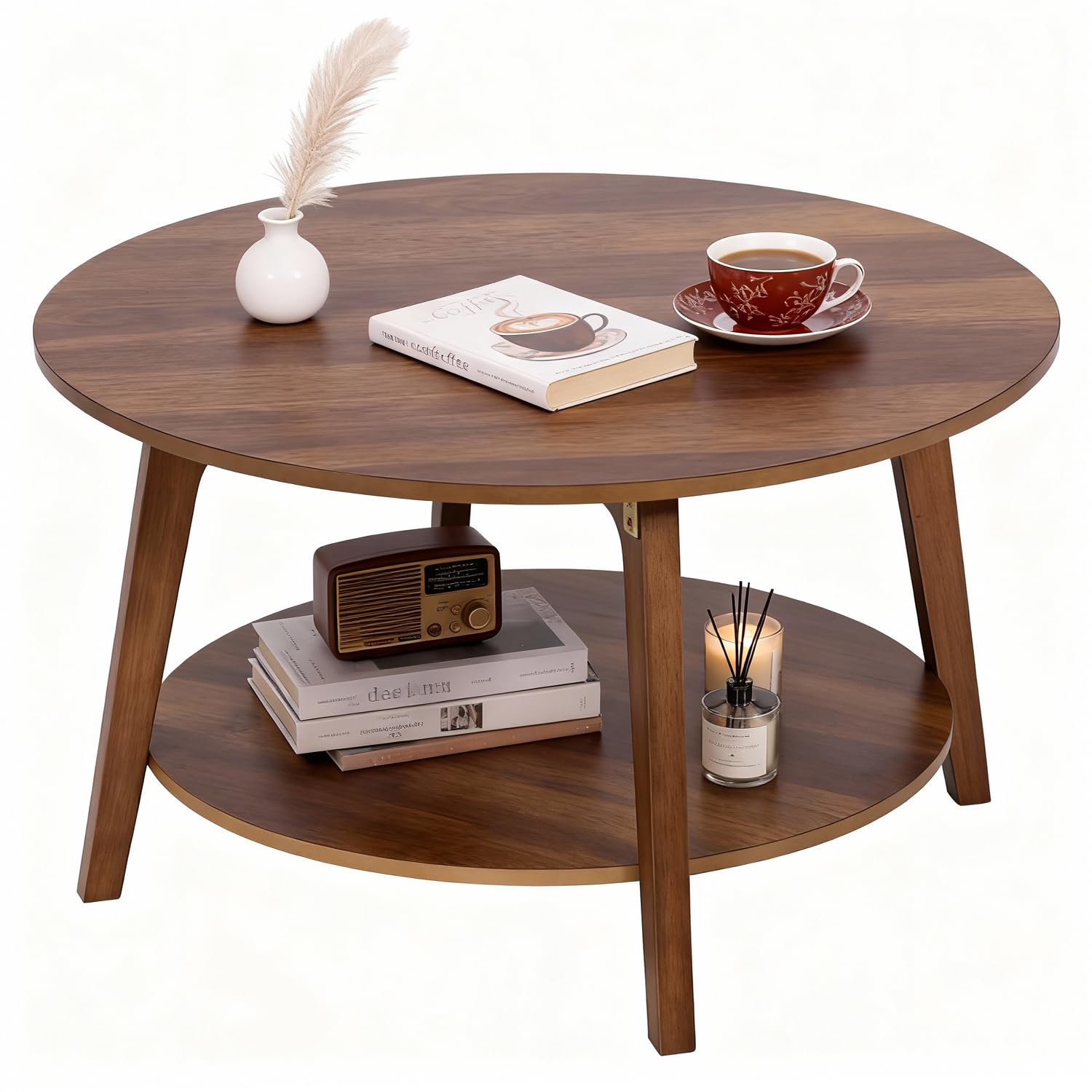PayLessHere Round Coffee Table with 2-Tier Storage Thick Wood Panel Center Table Modern Circle Table for Living Room