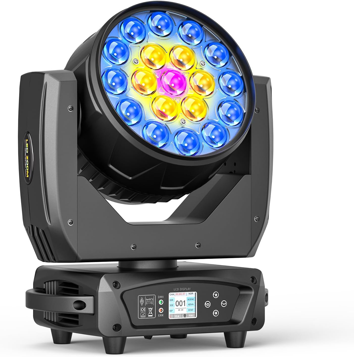 Close-up of the LCD display and control buttons on the light's base.