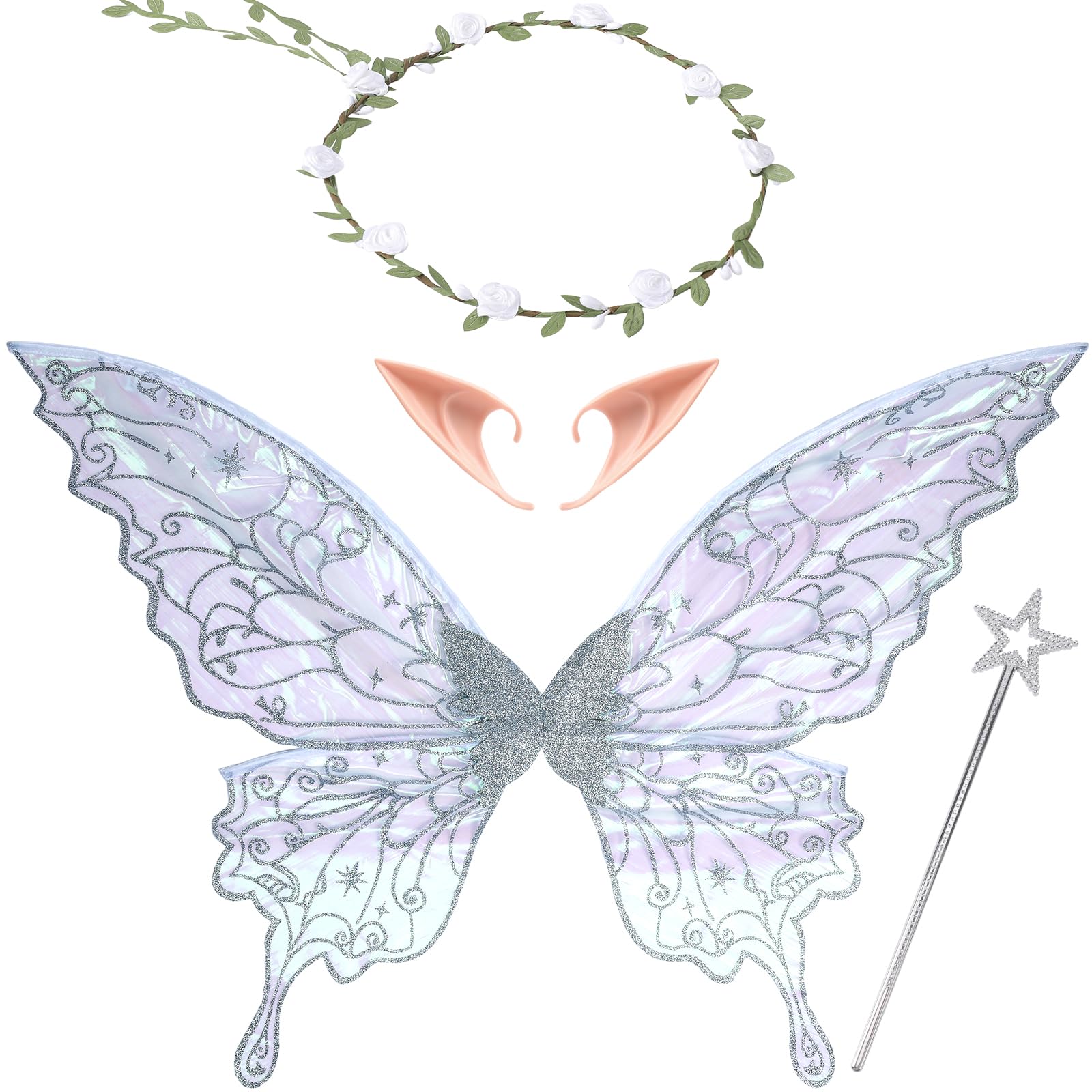PartyforU Women's Fairy Costume, Adult Fairy Wings, Flower Crown, Elf Ears, Fairy Wand, Butterfly Wings, Costume Accessories for Women Halloween Party Fancy Dress โ image 1
