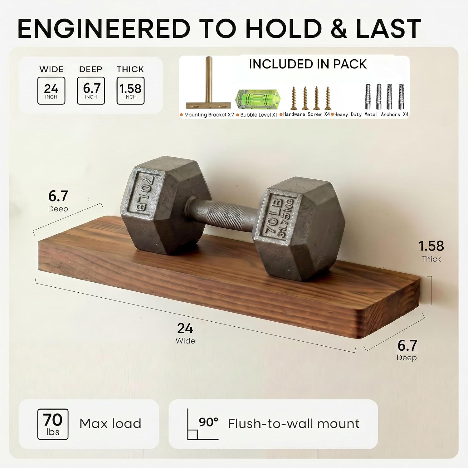 Solid Wood Floating Shelves for Wall 24 Inch Walnut, Wooden Bathroom Shelf | Real Wood, Wall Mounted, Rustic Farmhouse, Bedroom Kitchen Living Room, Walnut Finish, 24W x 6,7D, Set of 2 image 2