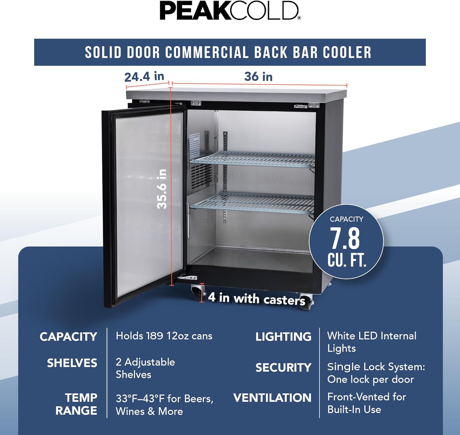 PEAKCOLD 1-Door Counter Height Beverage Refrigerator - 36" Wide Energy Efficient Solid Black Beer Cooler & Bar Fridge With White LED Lighting - Commercial Back Bar Cooler