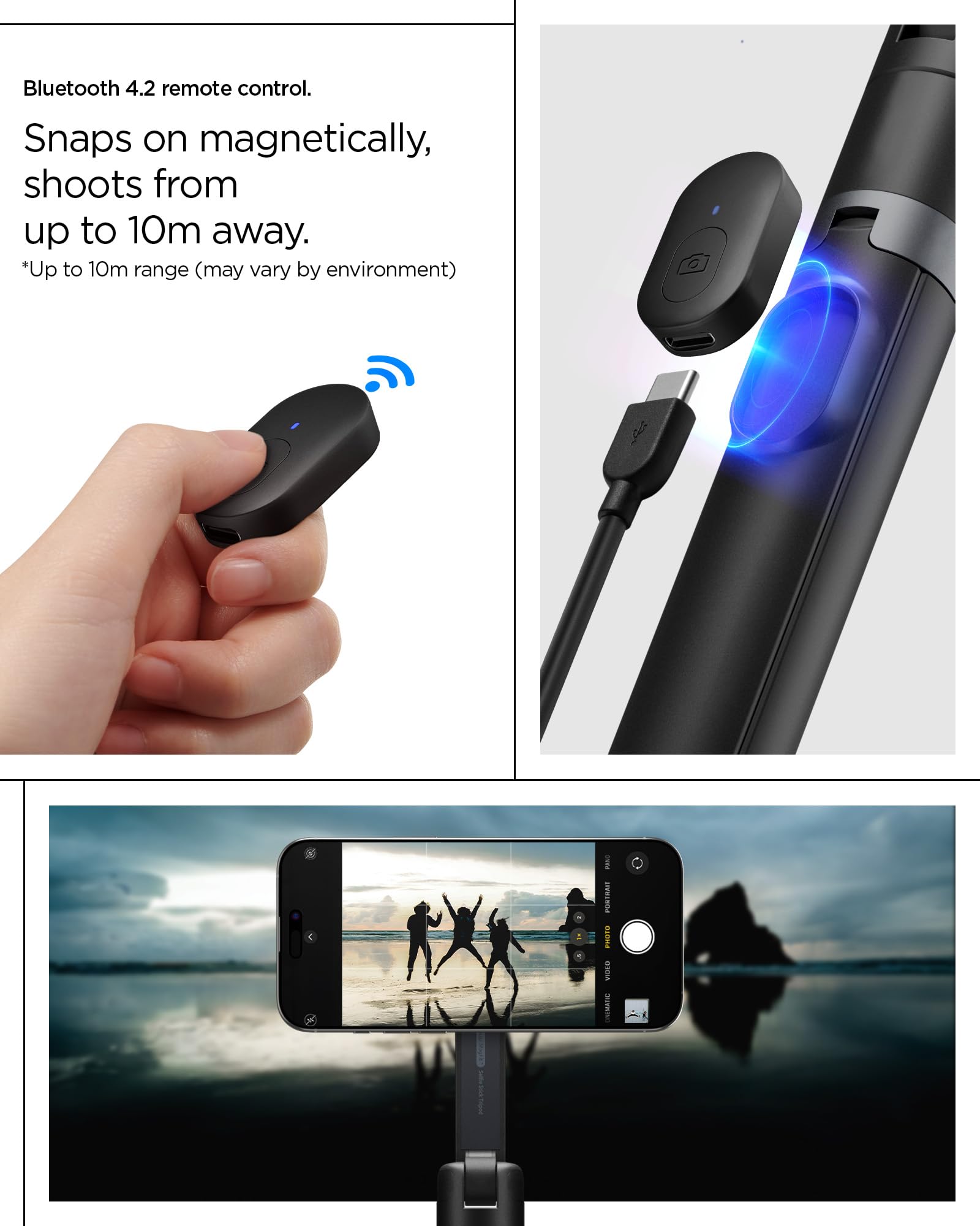 Spigen Treppiede One Push S581W, Bastone Selfie 168,5cm, Apertura Automatica, MagSafe Doppio, Bluetooth 4.2, Compatibile con iPhone, Galaxy, Pixel, Xiaomi, OnePlus e altri - Nero