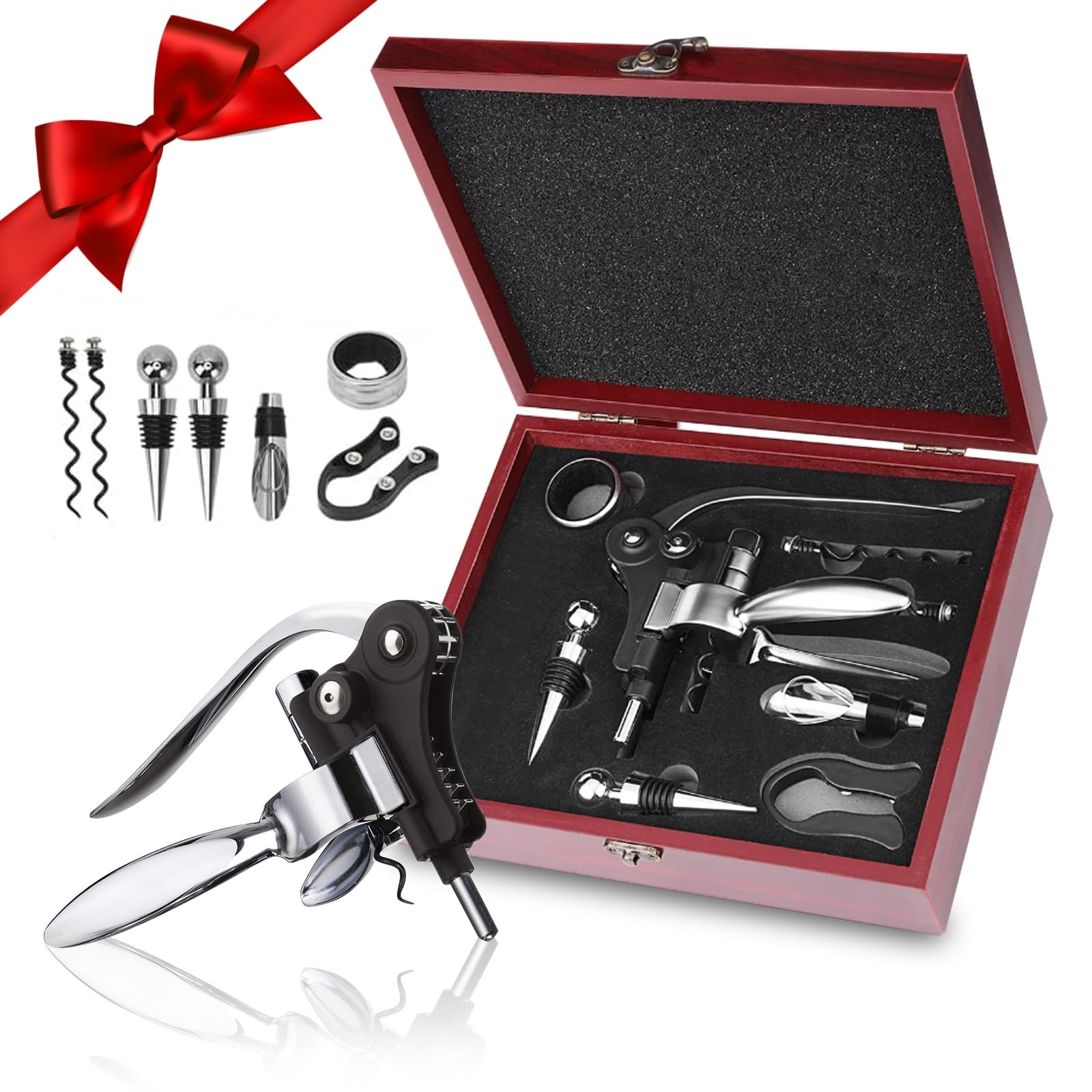 Tire Bouchon, 8 Pièces Ouvre Bouteille de Vin avec Boite Cadeau, Ensembles d'accessoires pour Vin avec Coupe-Capsule, Ouvre-Lapin, Anneaux Anti-Goutte, Bouchon et Verseur Vin, Vis sans Fin