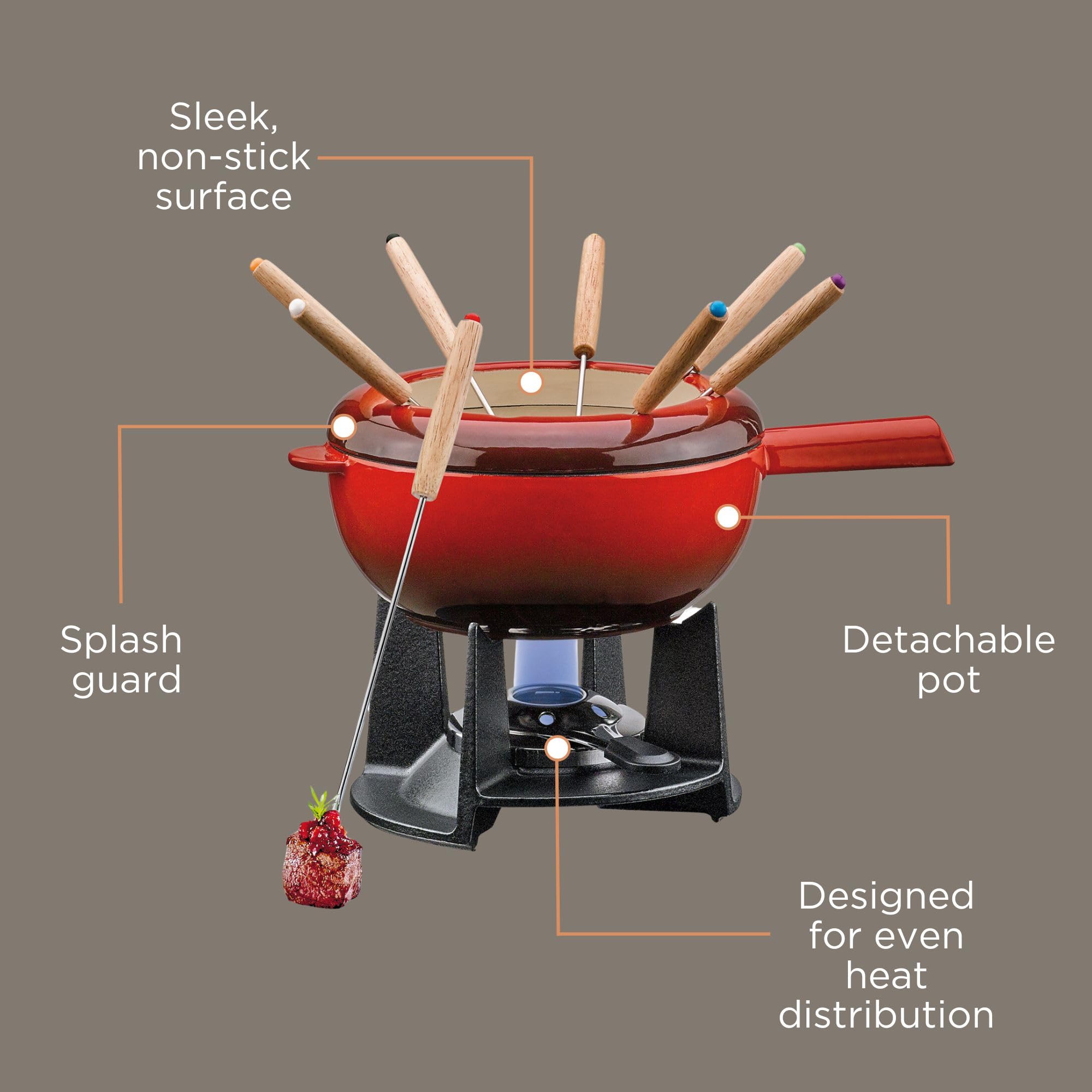 Spring Żeliwny zestaw do fondue czerwony | Ø 20 cm | z 8 widelcami do fondue i ochroną przed pryskaniem | do fondue serowego, fondue mięsnego | palnik Rechaud