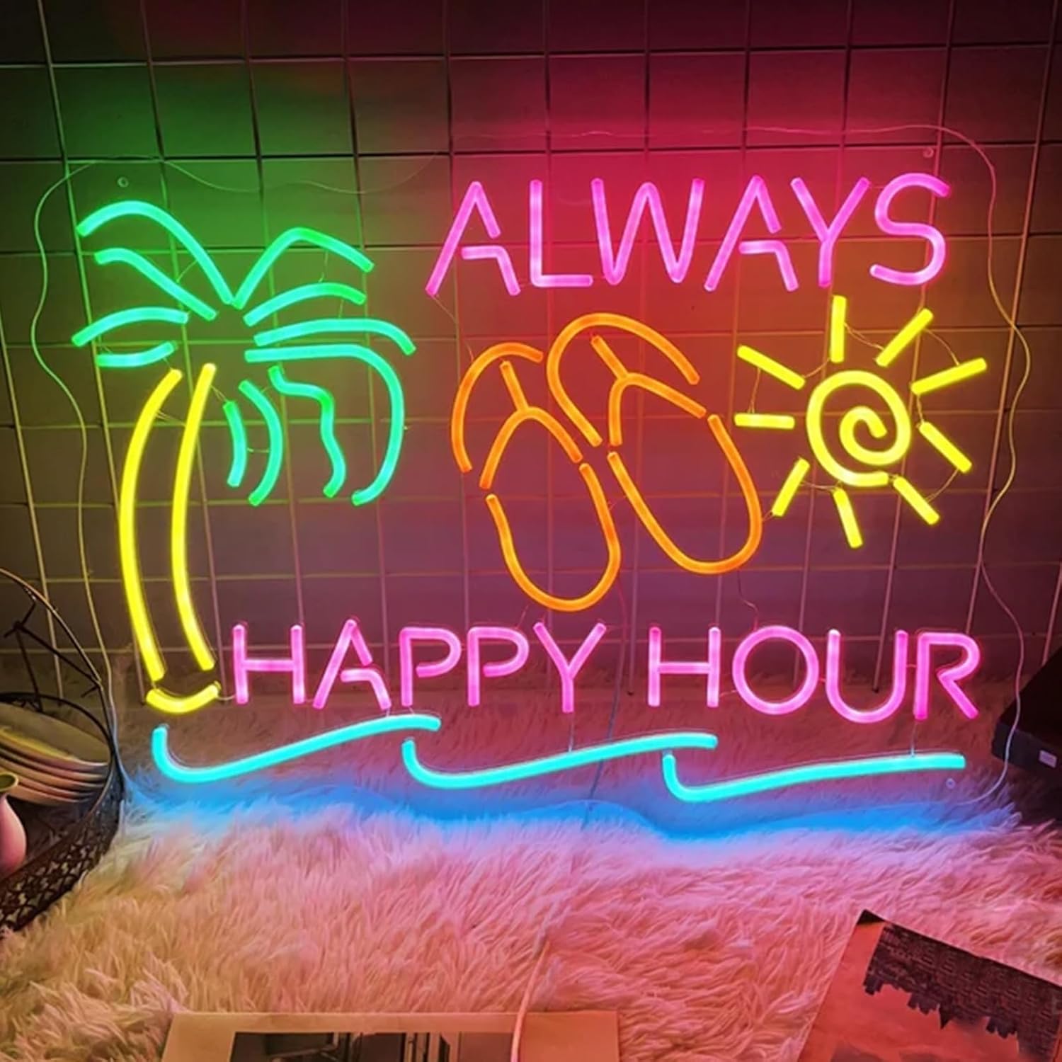 Always Happy Hour Neon Sign Palm Tree Sun Tiki Bar Light Up Signs for Wall Decor Beach Bar Home Bar Decoration Size: 20inches