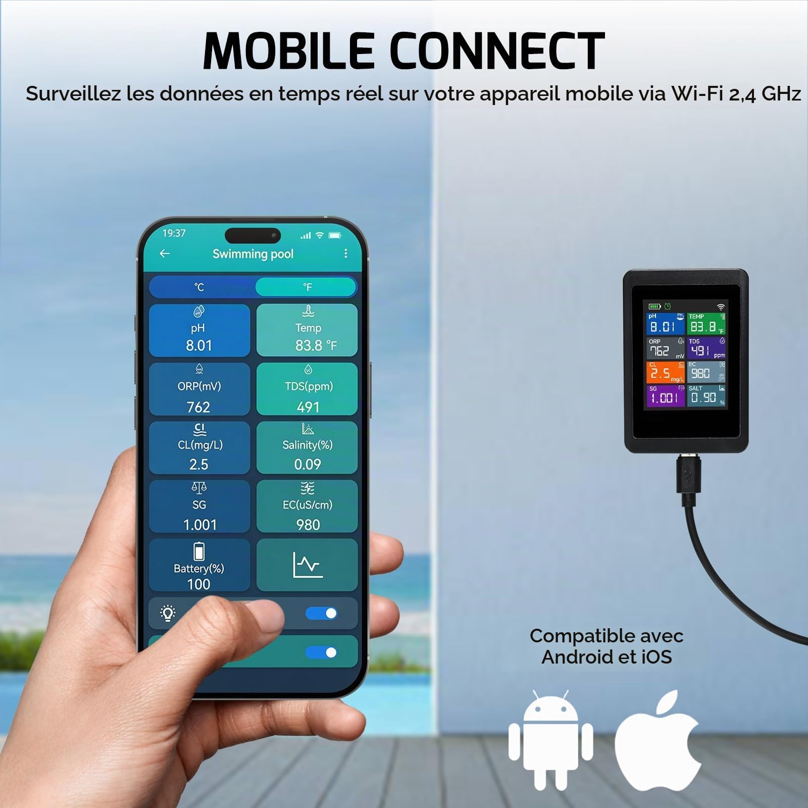 Testeur intelligent de qualité d’eau 8 en 1 WiFi, contrôle pH, ORP, chlore, salinité, TDS, CE, densité et température, suivi à distance via appli Tuya pour piscines, spas, jacuzzis, aquariums et bacs.