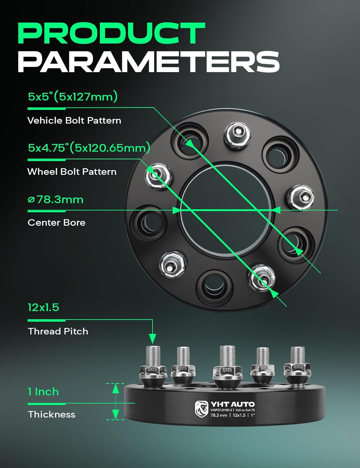 YHTAUTO 5x5 to 5x4.75 Wheel Adapters 1 inch Compatible with Chrysler Dodge Chevrolet Buick, Pacifica Journey Impala Tire Adapters w/ 12x1.5 & 12.9 Studs, 78.3 mm Center Bore 5 Lug 2PCS