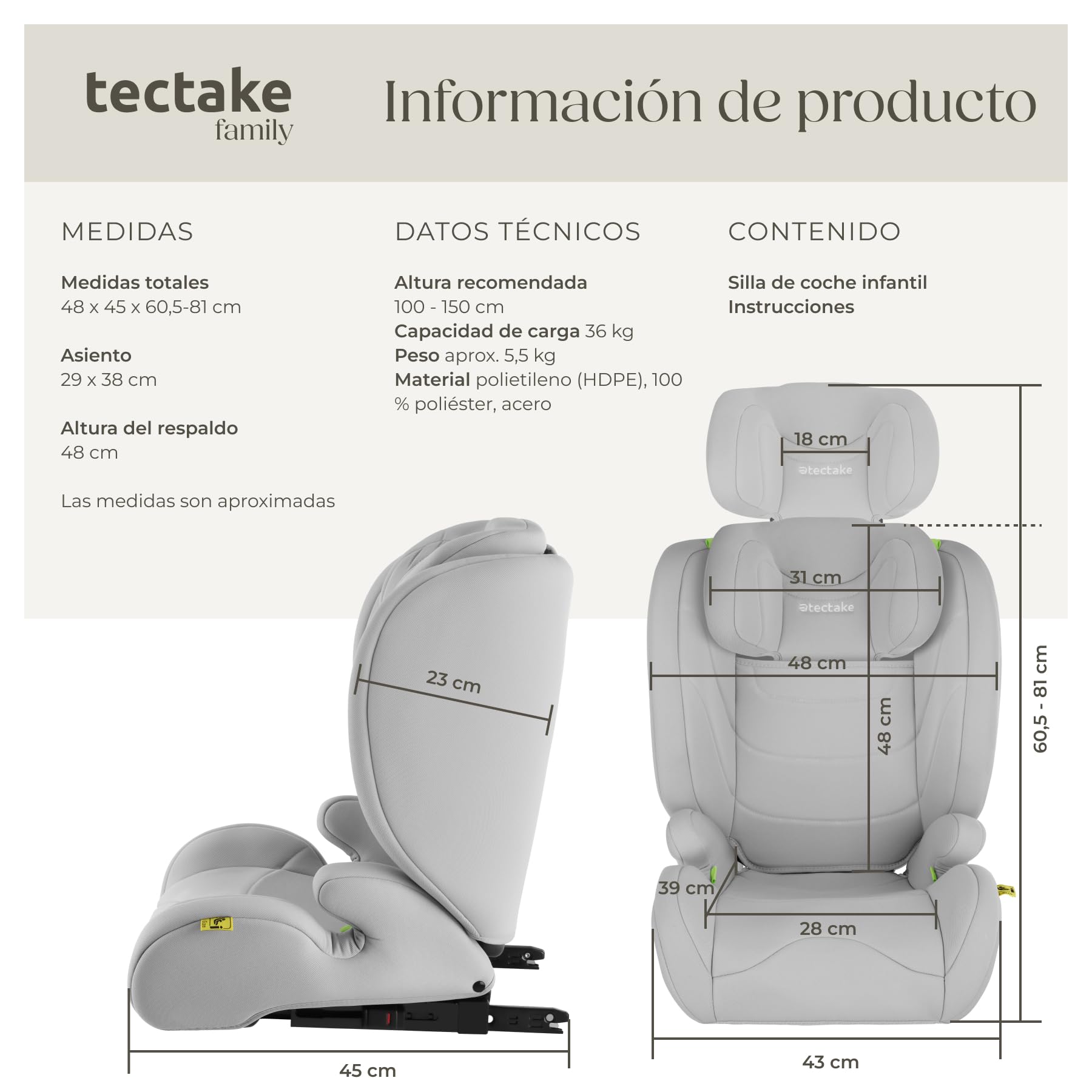 tectake® Silla de Coche Infantil, Homologada i-Size ECE R129, Con ISOFIX, Cinturón de 3 Correas, Reposacabezas Regulable, Acolchado Extragrueso, Hatsa 36 Kg, Funda Extraíble, 100-150 cm - gris claro