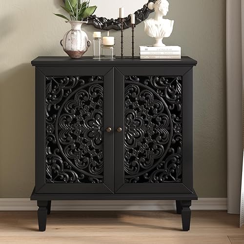 Vista 17 de Armario Buffet con 2 Puertas y 1 Estante, Aparador de Madera Tallada con Armario de Almacenamiento de Acento Pequeño con Tallado Hueco Mesa Consola