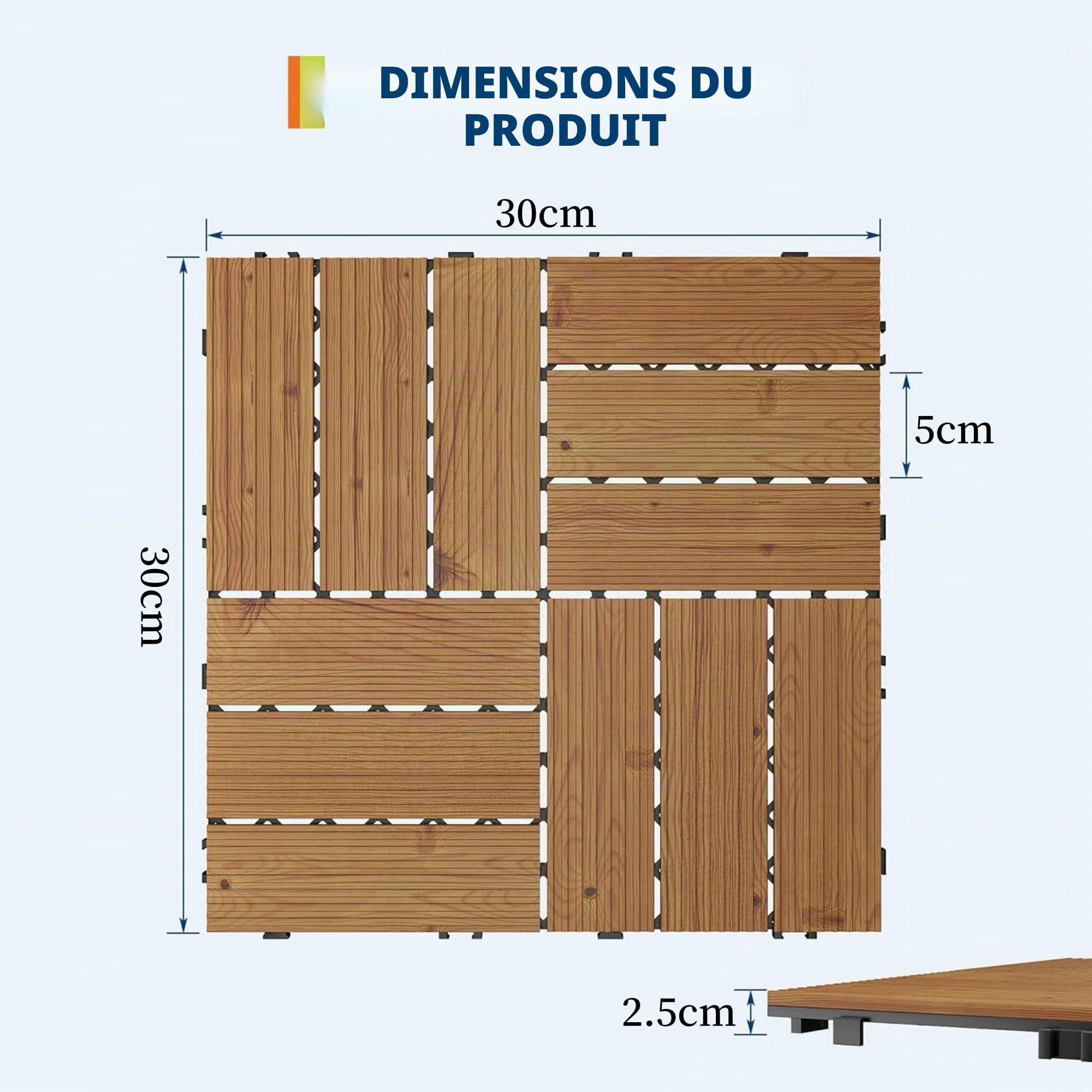 Garvee Dalles terrasse bois d'acacia 30x30cm emboîtables, Brun 33PCS