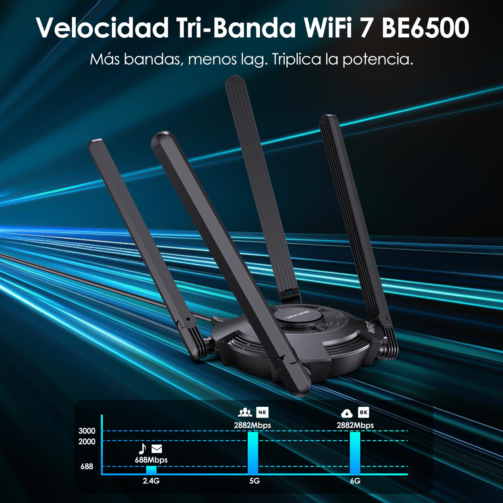WAVLINK WiFi 7 USB WiFi Dongle para PC, Adaptador USB WiFi Tri-Banda BE6500 con Controlador Integrado, WPA3, MLO & Multi-RU, Antenas de Alta Ganancia 5dBi, Solo para Windows 11/10