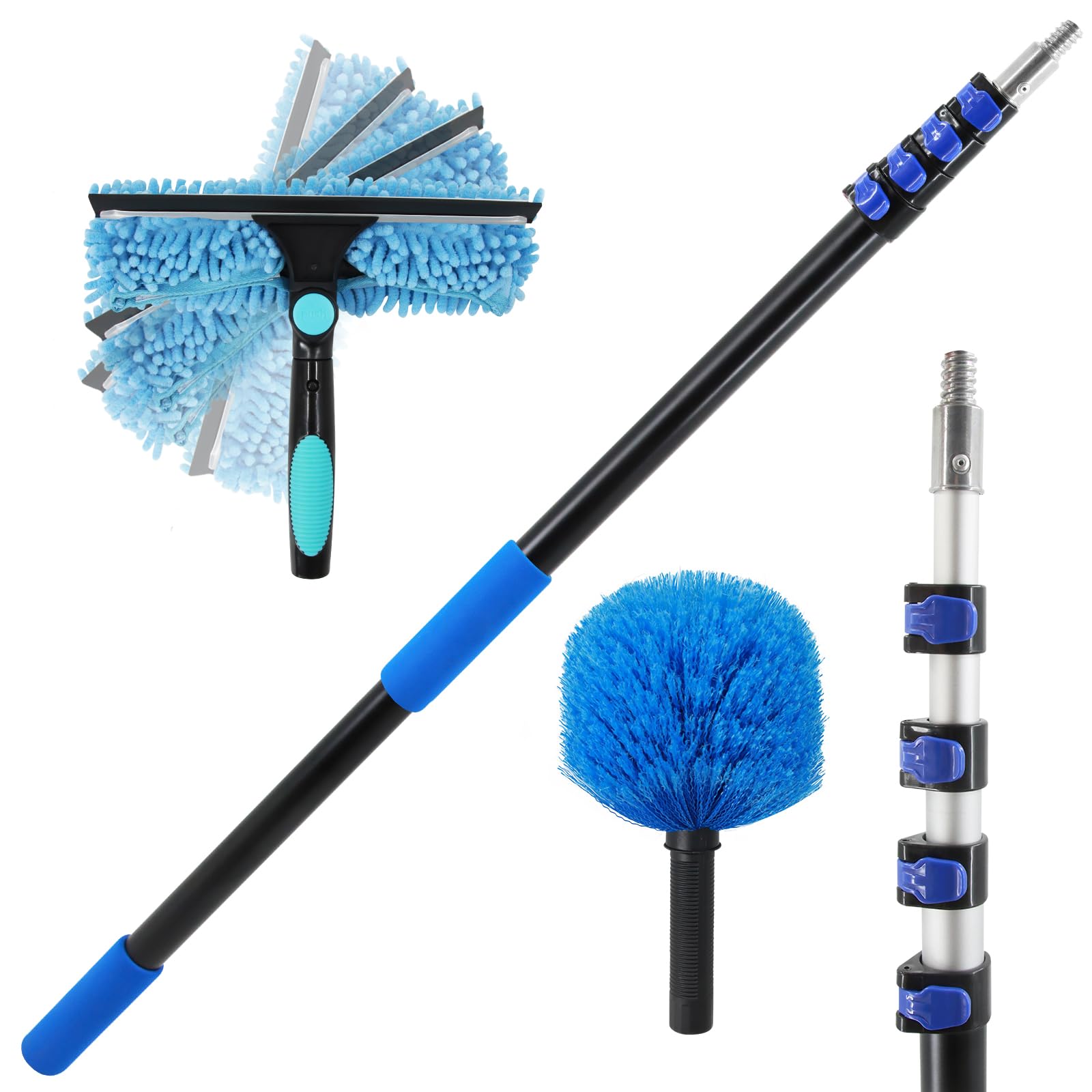 23FT High Reach Window Squeegee & Cobweb Duster with Extension Pole, 2 in 1 Squeegee for Window Cleaning with Lightweight 4-16.5 ft Telescoping Pole, Spider Web Brush with Pole for Outdoor Indoor Car
