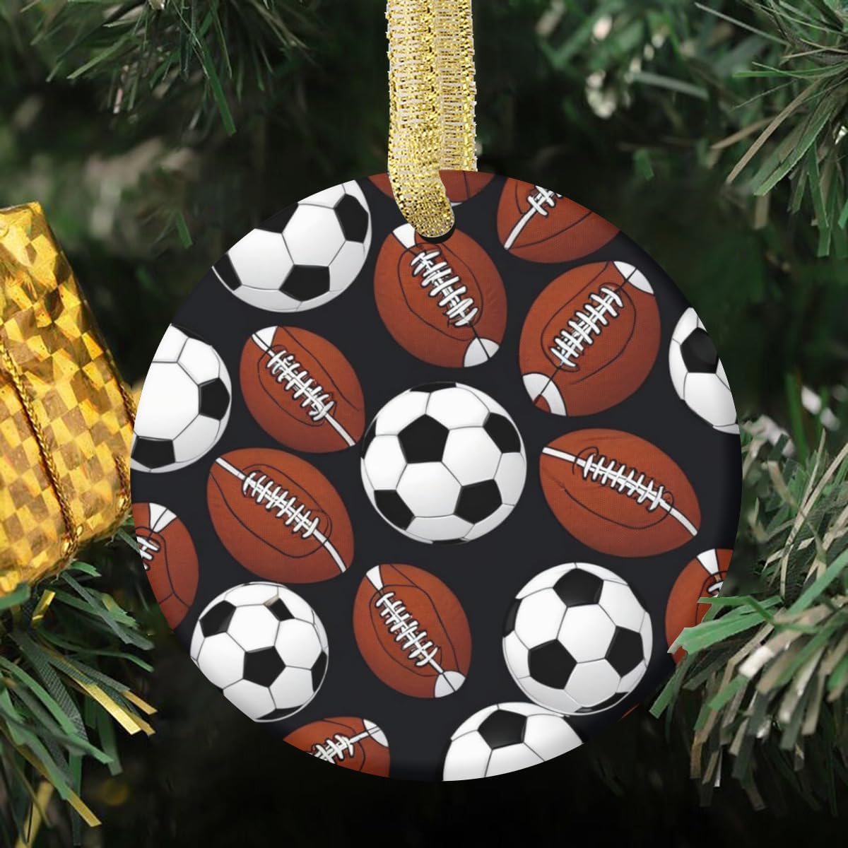 Double-Sided Ceramic Christmas Ornament Xmas Soccer and Football Sports Footballs and Soccerballs Pattern Sport Design Custom Holiday Tree Decor | 3-Inch