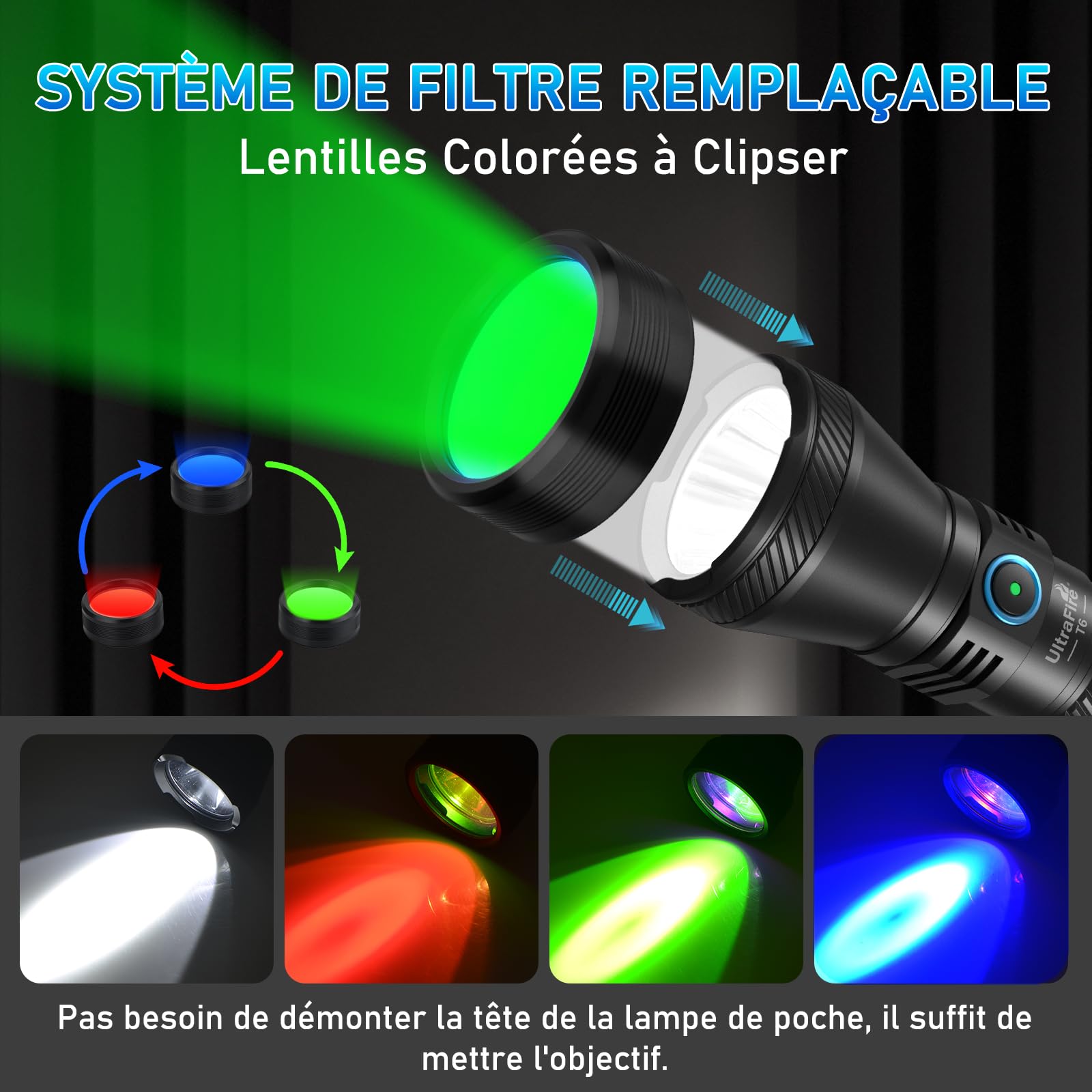 UltraFire Lampe de poche tactique de police avec étui - 1800 lumens - Rechargeable - LED - Pour la chasse - 3 lentilles filtrantes - Rouge/vert/bleu - 1804 FT Throw - 4 modes - Double interrupteur