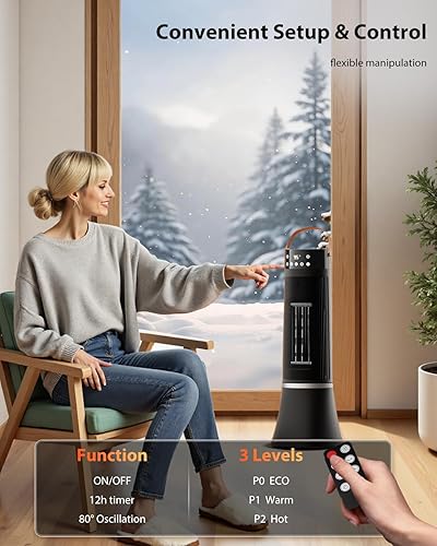 Miniatura 7 de Calentadores de espacio para uso en interiores, calentador eléctrico portátil de 24 pulgadas con termostato y control remoto, 12 piess, temporizador