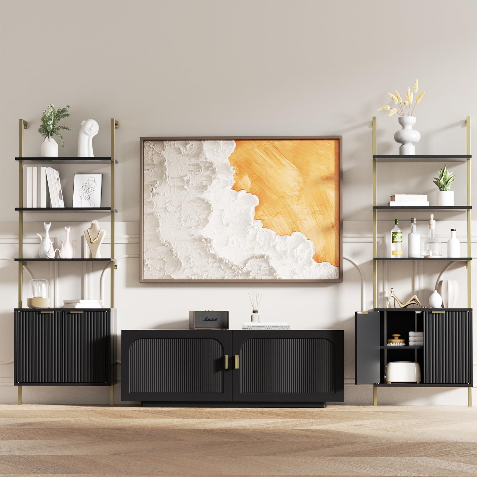 Halitaa Set of 2 Black & Gold Ladder Shelf with Storage Cabinet, Modern Ladder Bookshelf with Doors, Wall Mount Bookcase with Metal Frame, Display