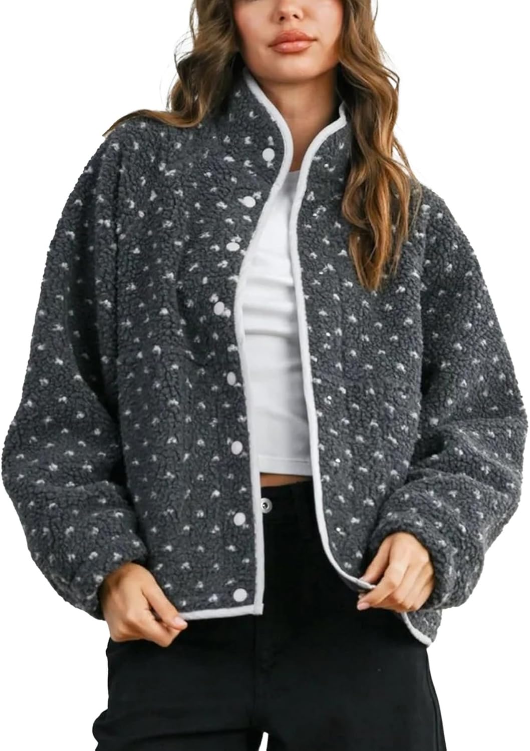 Duyang Womens Fuzzy Fleece Jacket Long Sleeve Sherpa Coat Button Down Overcoat High Neck Warm Outerwear Polka Dot Jackets