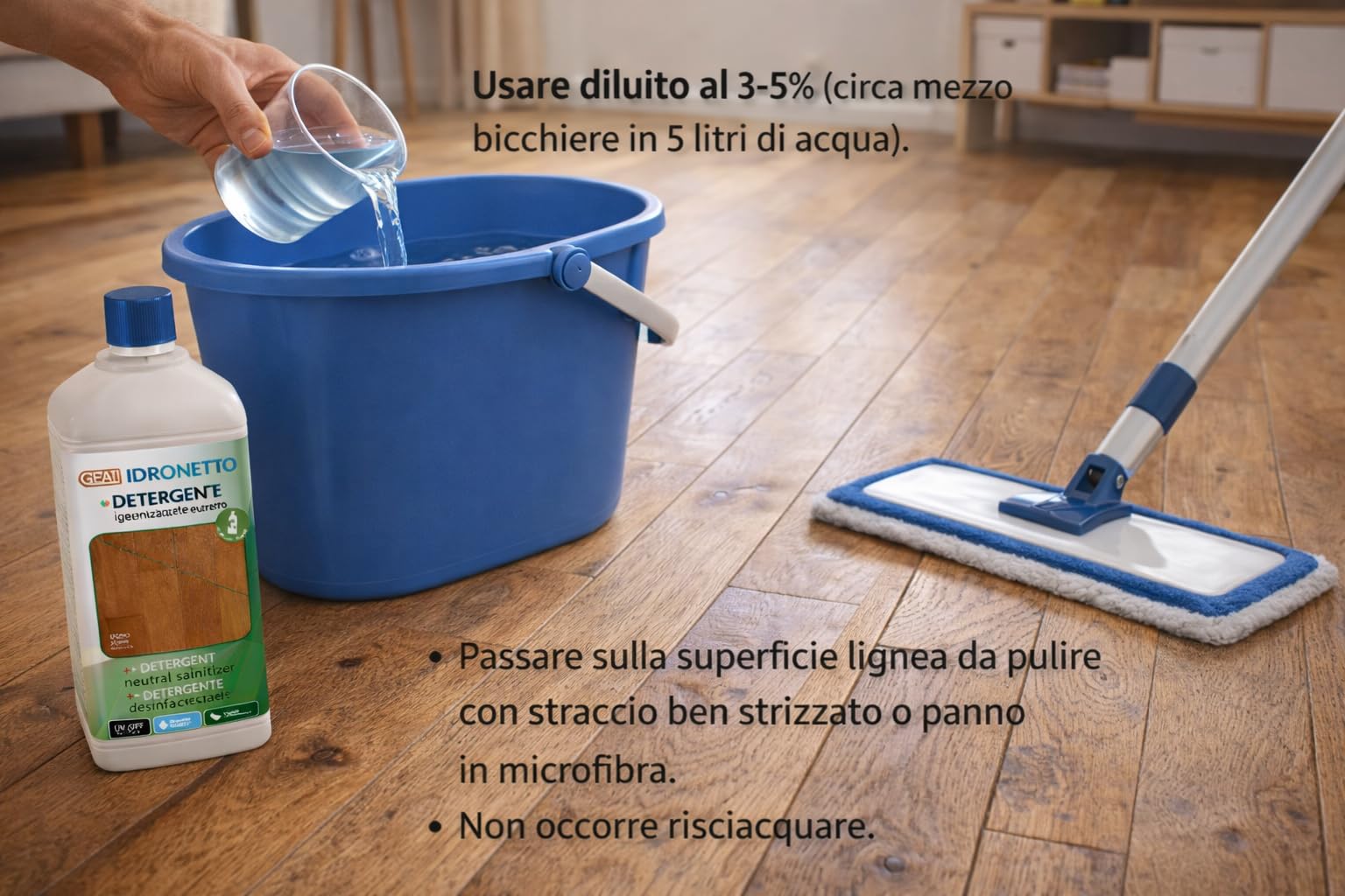 IDRONETTO GEAL Conf. 5 x1 Litro, Detergente Neutro Igienizzante per Parquet e Pavimenti in Legno – Formula Concentrata, Senza Risciacquo.