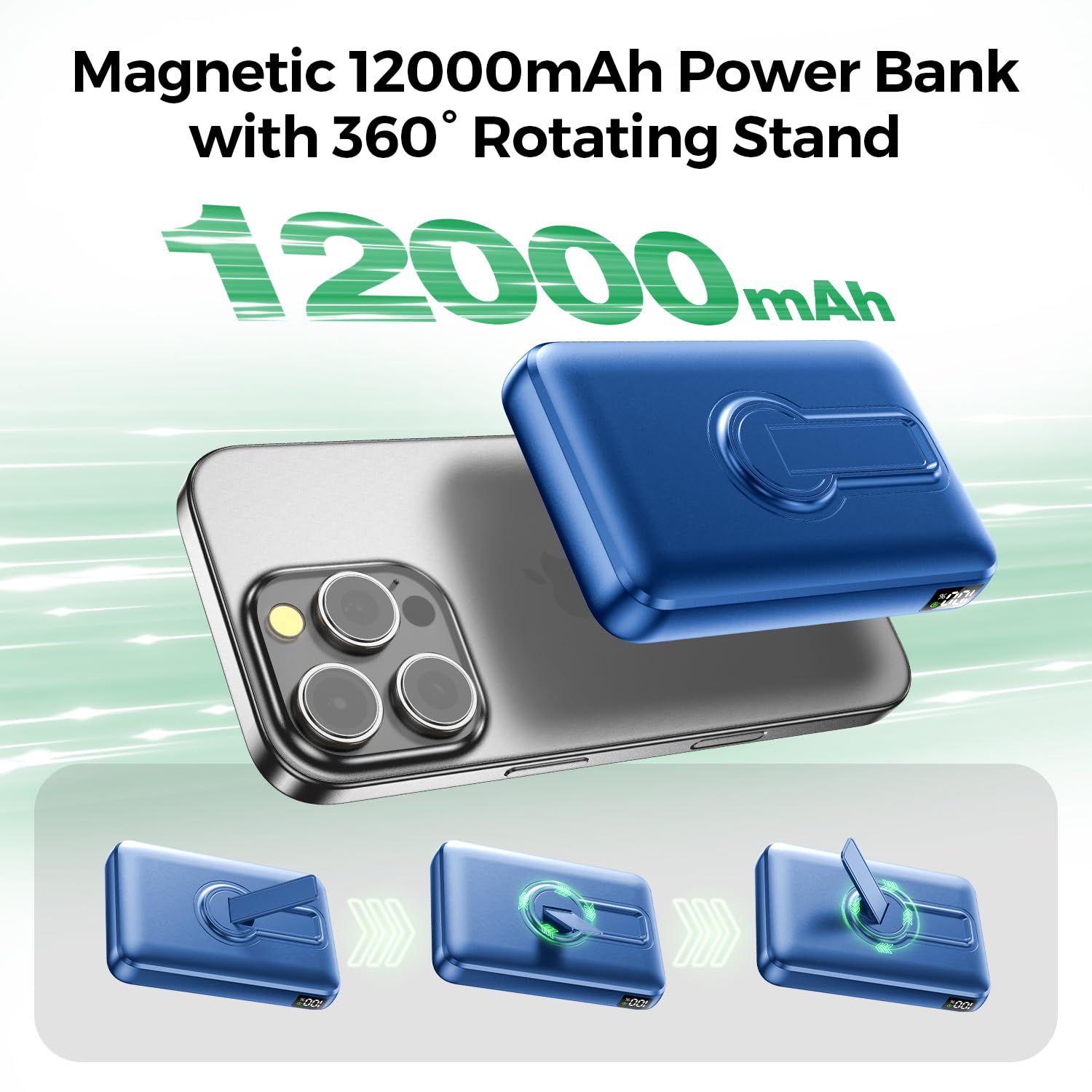 Eissix For Magsafe Power Bank, 12000mAh Portable Charger, 22.5W Fast Charging Battery Pack with USB-C Input & Output, LED Display for iPhone 17/16/15/14/13/12 Series-Dark Blue — view 4