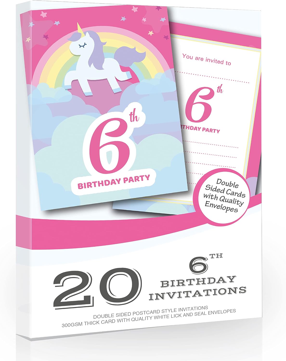 Olivia Samuel 20 x 6th Birthday Party Invitations from Unicorn & Rainbow Pink Invites - Ready to Write with Envelopes