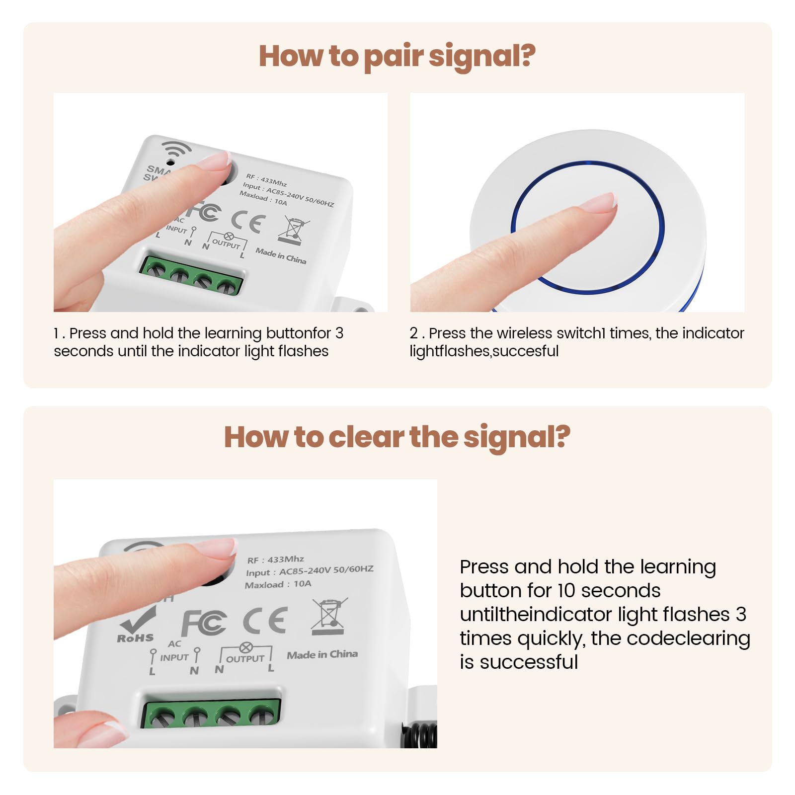Interruttore radio luce 230 V, set di interruttori della luce wireless con telecomando fino a 30 metri, interruttore della luce senza batteria per lampade fino a 1500 W, facile da installare, set di