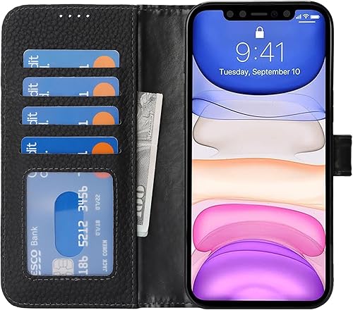 Miniatura 7 de Zouzt Funda para iPhone 11 de 6.1 pulgadas de piel auténtica con 4 ranuras para tarjetas, tarjetero con bloqueo RFID, tapa magnética, función atril,