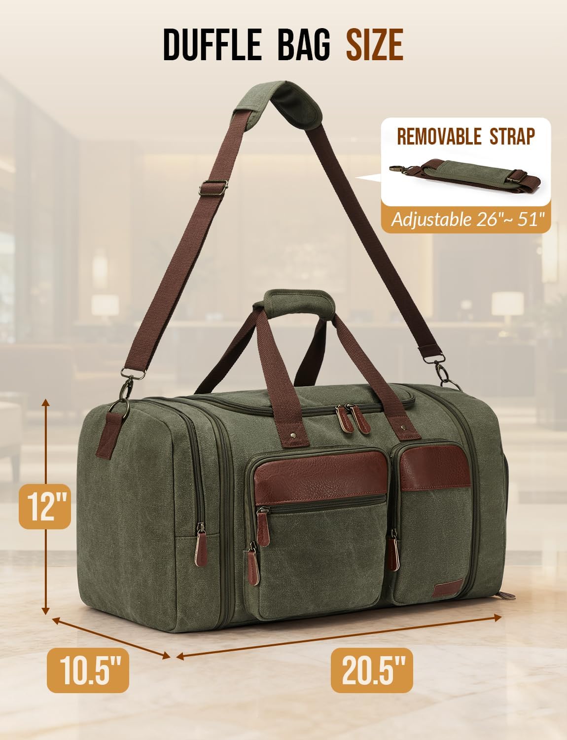 Canvas Duffle Bag for Travel 50L Expandable Travel Duffel Bags for Men Women Overnight Weekend Gym Bag with Shoes Compartment - Army Green - Image 2