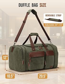 Canvas Duffle Bag for Travel 50L Expandable, Army Green, Large 50 L, Utility/Outdoor