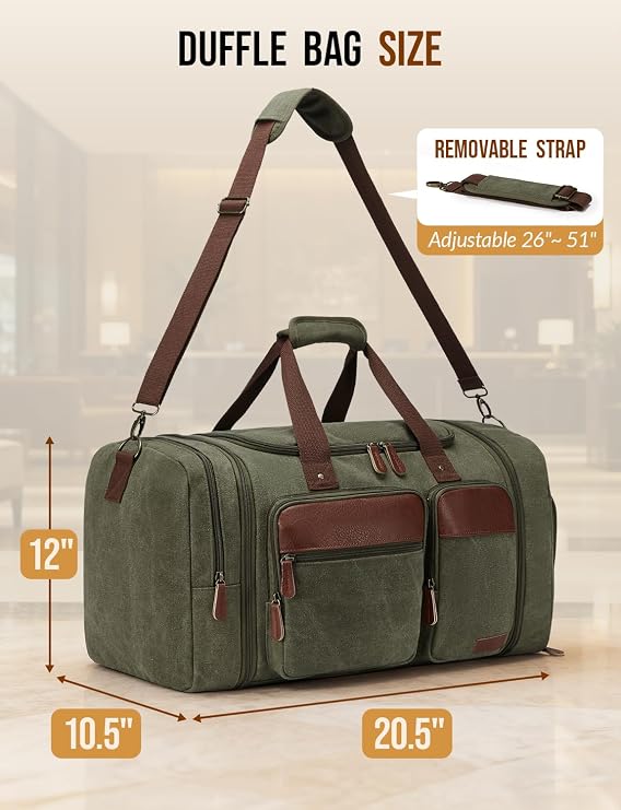 Canvas Duffle Bag for Travel 50L Expandable, Army Green, Large 50 L, Utility/Outdoor