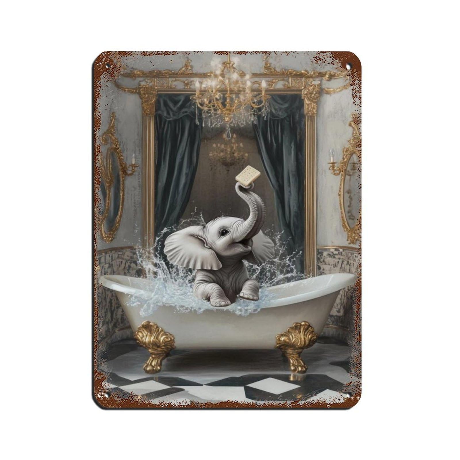 Cute Elephant Splashing in Bathtub Tin Sign Vintage Metal Pub Club Cafe Bar Home Wall Art Decoration Poster Retro 12x16inch(30x40cm)
