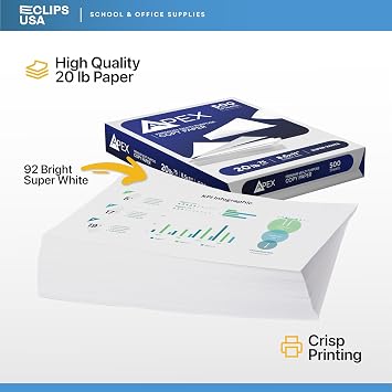 Copy Paper, Printer Paper, Multipurpose, Printer Paper 8.5 x 11 White, 92 Bright, White Paper, Office Supplies, 500 Sheets 20lb Per Ream (1 Reams 500 Sheets)