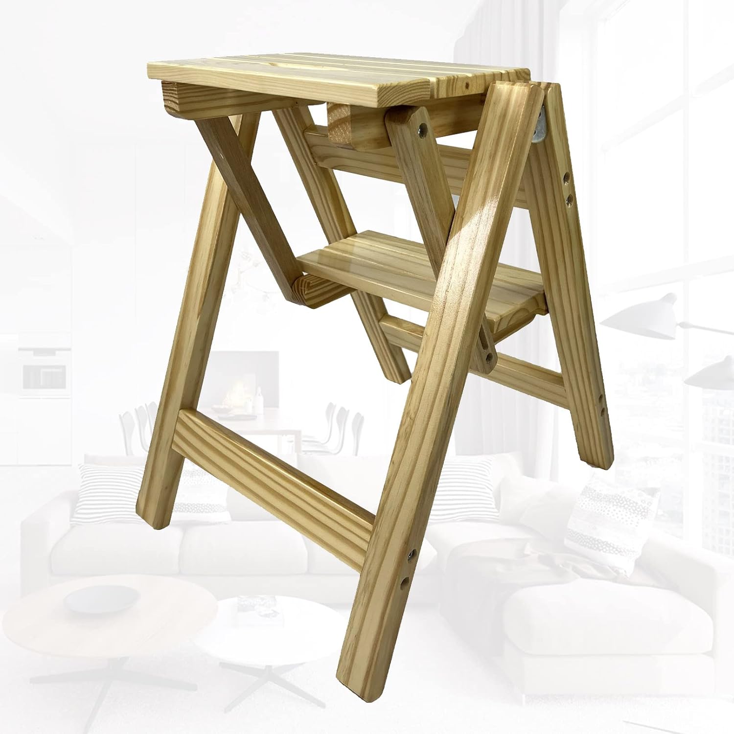 2 Step Ladder Heavy Duty Wood, Folding Step Stool, Kitchen Step Fold Away with Anti-Slip Wide Pedal, Non Slip Large Steps Ladder, Holds Up to 150 kg