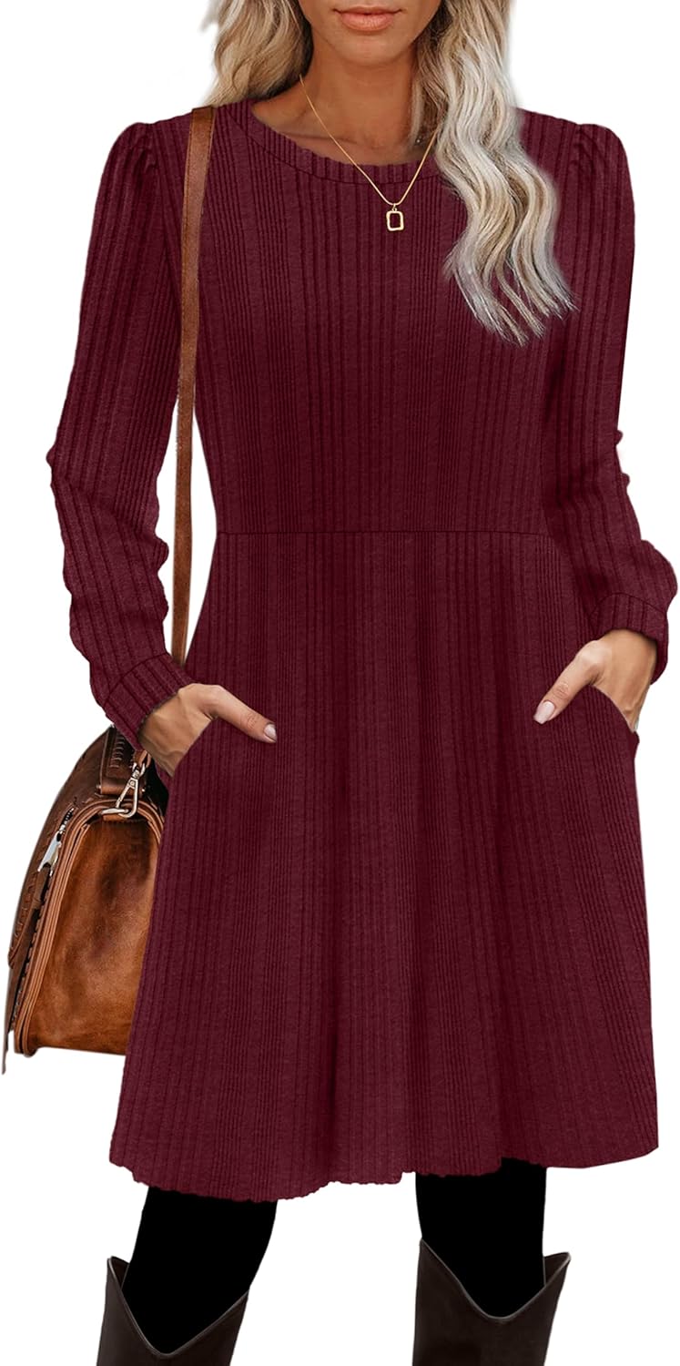 OFEEFAN Fall Knee Length Dresses for Women 2025 Christmas Dresses for Women Wine 2XL - Image 2