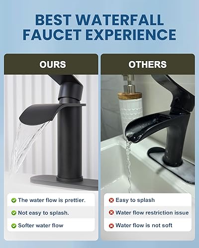 Miniatura 4 de WOWOW Grifo de baño en cascada negro mate grifo de lavabo de baño para 1 agujero o 3 agujeros, grifo de tocador de una sola manija con drenaje