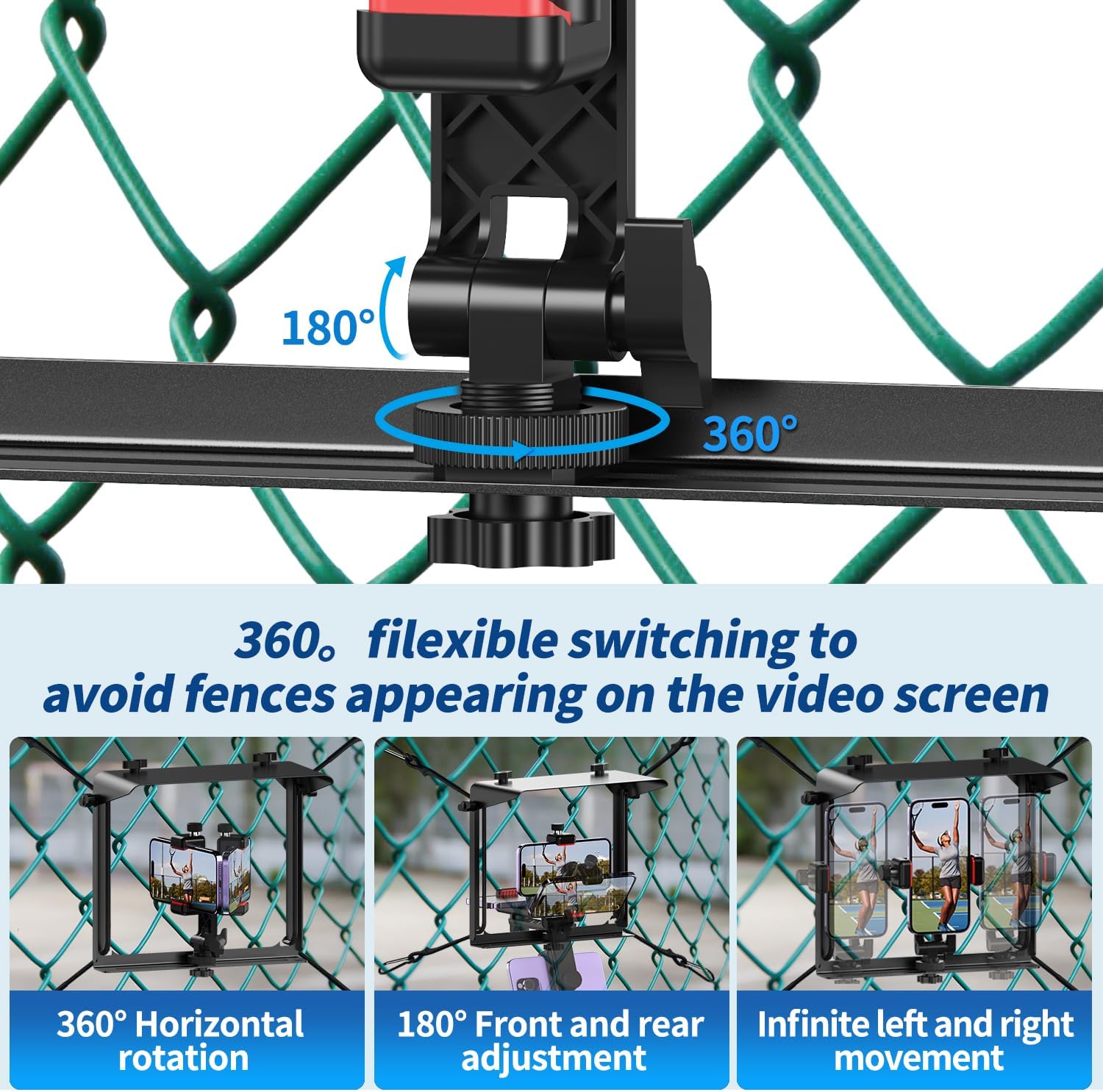 Phone Fence Mount with Shade for Game Mounting Kit iPhone, Mevo Start, GoPro and Other Action Cameras, 360° Rotation Streaming with Power Storage Bag, for Recording Baseball, Tennis, Soccer
