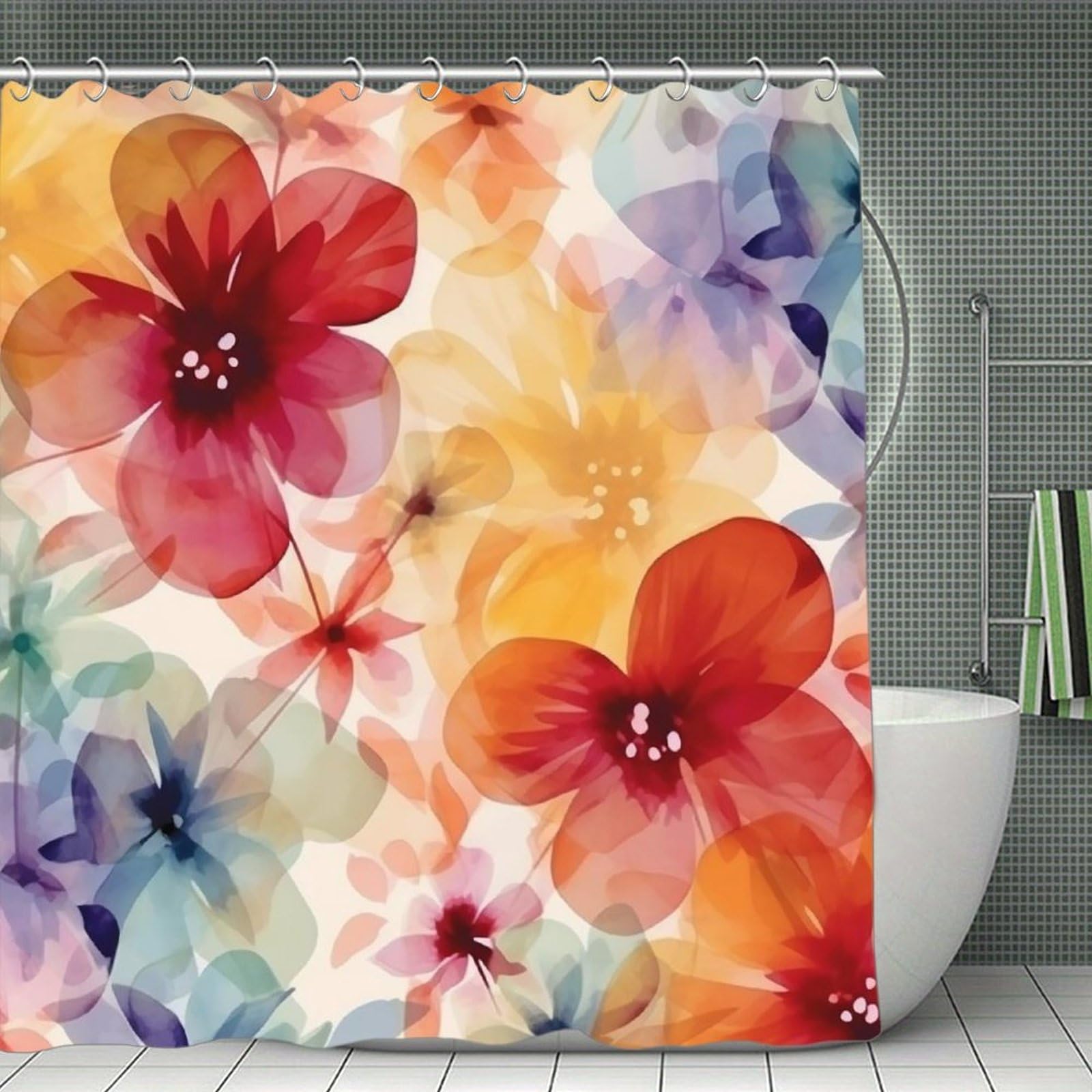 QMNLKH Watercolor Style Flower Pattern Shower Curtain with Hooks, Waterproof Bath Curtains for Bathroom, Lightweight Bath Curtains Liner for Hotel, Personalized Bath Curtain for Spa, 70.8 Inch