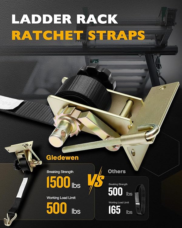 Rack Ratchet Straps, W/J-Hook (2PCS), 1.4" Gold Square Tube Mount, 1.5" Wide x 7.5' Long, Black Ladder Rack Ratchet Straps, 500 lbs Load Heavy Duty, Truck/Lumber Rack Straps, Pipe/Roof Rack Strap by Gledewen - Image 2